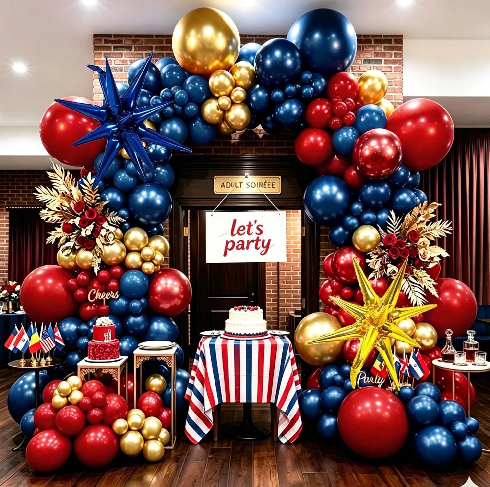 Kit de arco de globos rojo, azul y dorado, doble relleno, rojo oscuro, azul marino, borgoña, dorado, guirnalda de globos de estrella para cumpleaños, graduación, aniversario, boda, decoración