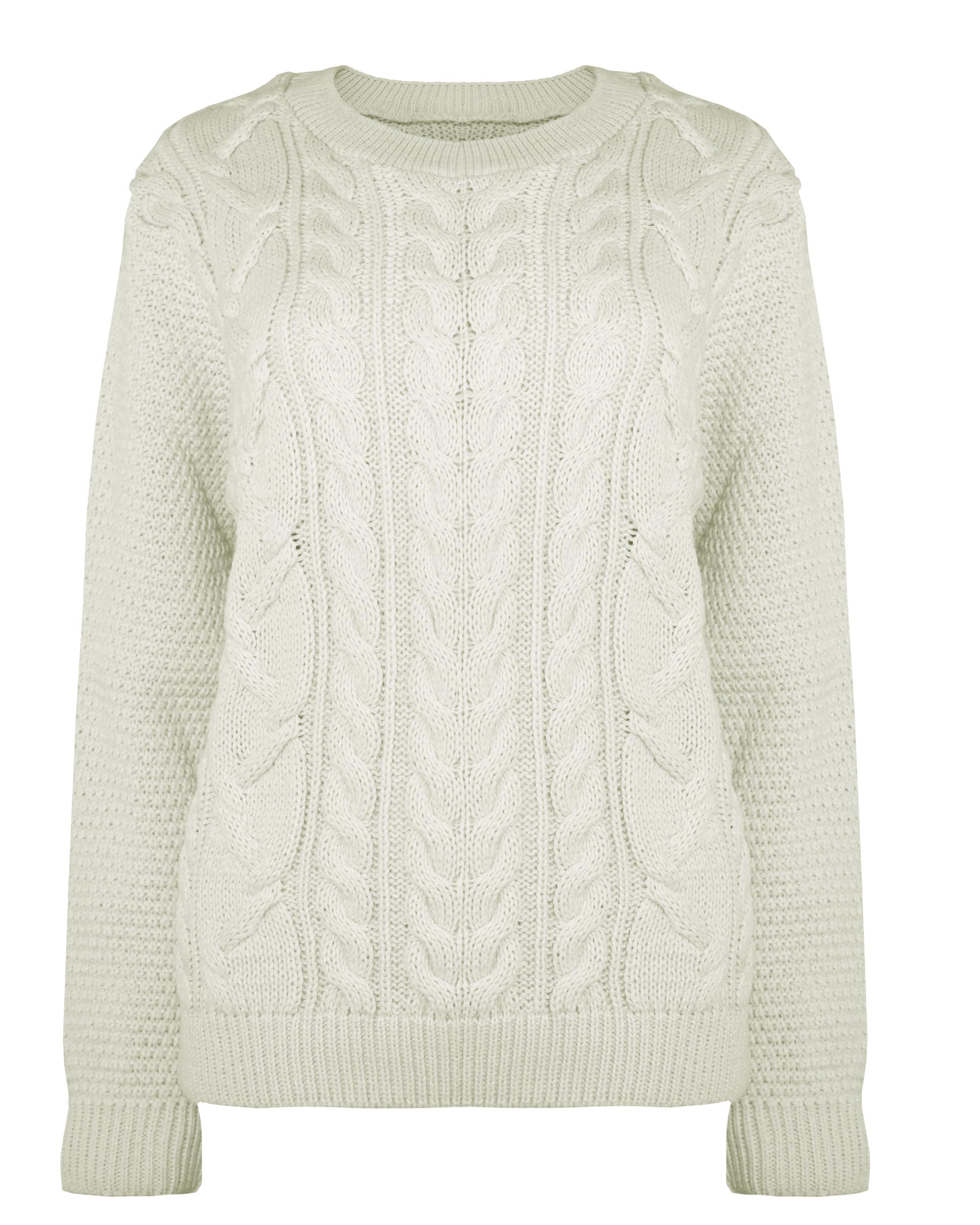 FARKZIQ New Women Ladies Knitted Cable Long Sleeve Warm Chunky Sweater Knitwear Jumper Tops Pullover Crew Neck[Cream,SM]