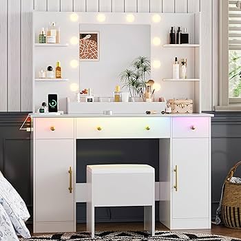 化粧台 化粧室 DRESSING TABLE WITH LIGHTS Vanity Desk with Mirror and Lights, 43'' White Makeup