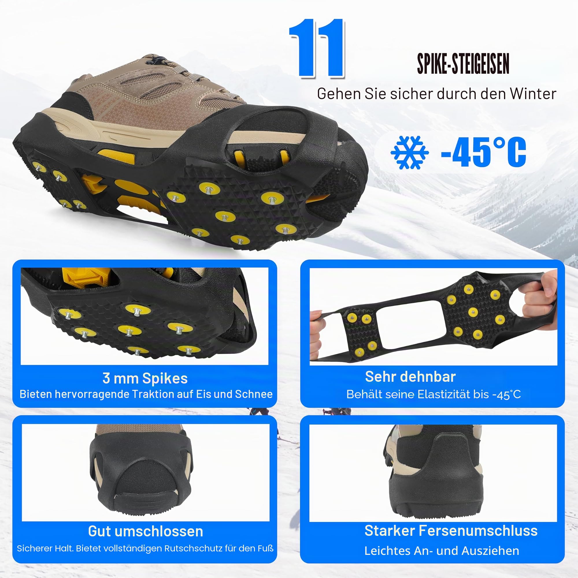 SHADDOCK Ice Snow Grips Traction Cleats 11 Studs Ice Snow Crampons for Shoes and Boots Anti Slip Overshoe Winter Outdoor ​Ski Hiking Climbing Fishing Walking
