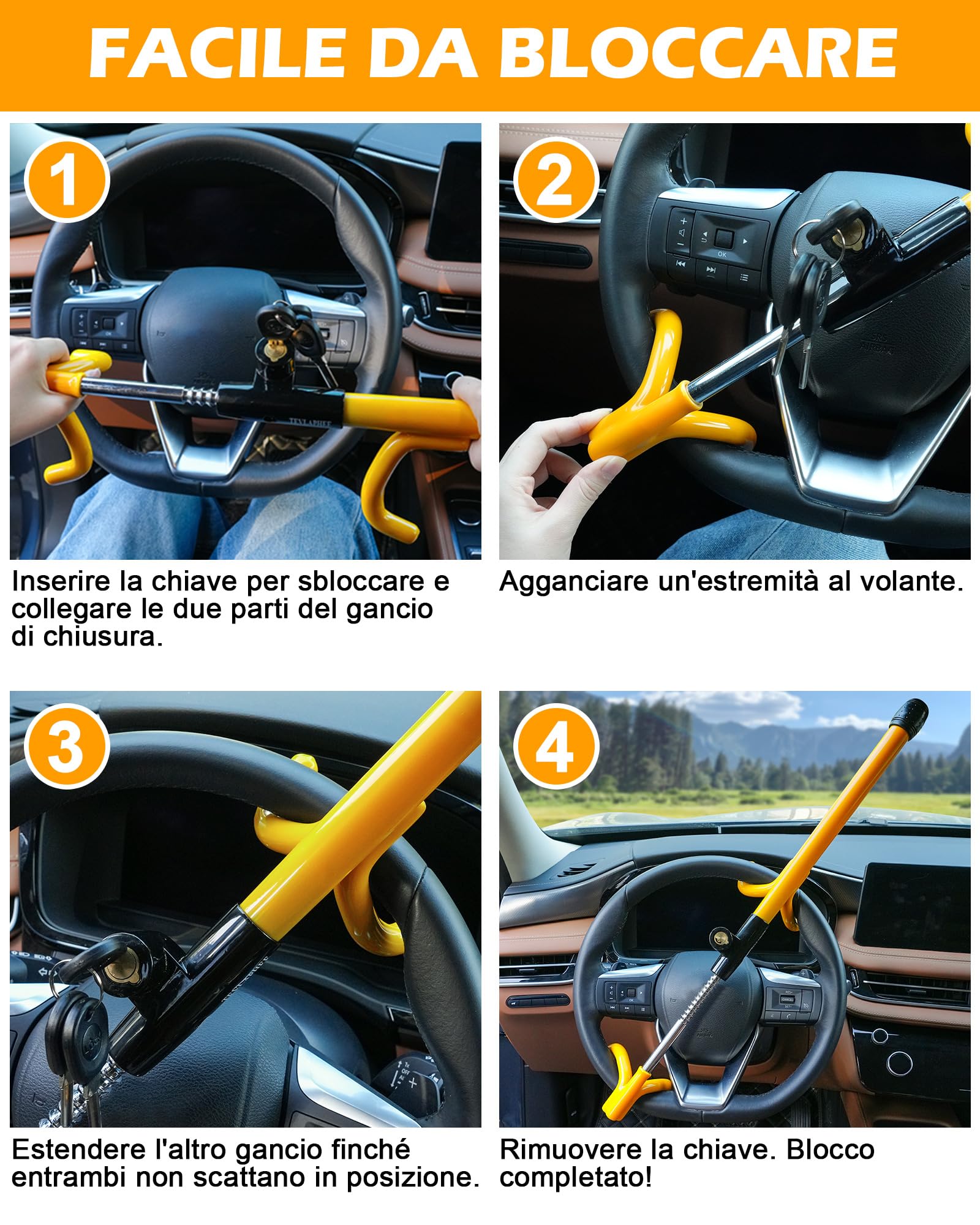 Tevlaphee Bloccasterzo a 4 Ganci, Dispositivo Antifurto Robusto ad Alta Visibilità, Compatibilità Universale per Auto, Furgoni, SUV, Adatto a Volanti fino a 41,5 cm, con 3 Chiavi(Giallo)