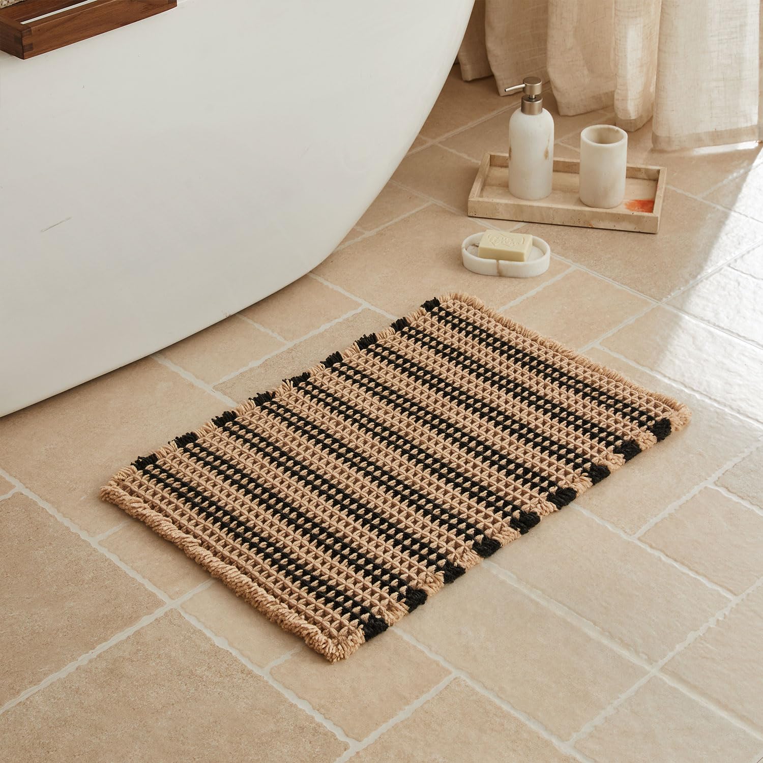 Waffle Bath Mat, Small Boho Bathroom Rugs Non Slip Washable, Ultra Soft Super Absorbent Quick Dry Farmhouse Bathroom Decor, 16" x 24", Khaki & Black