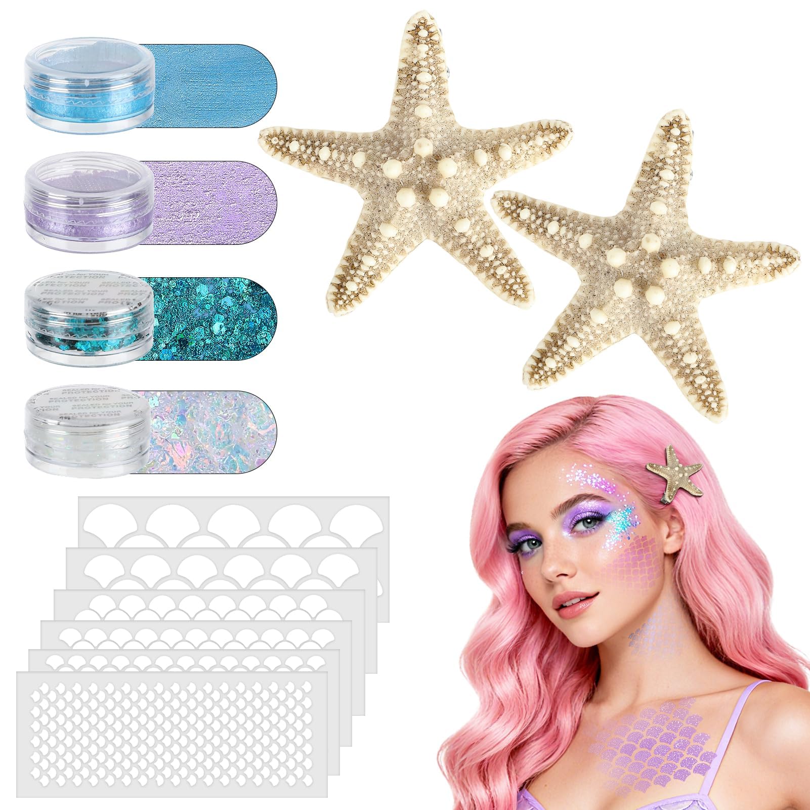 Mermaid Halloween Costumes for Women, Starfish Hair Clip & Makeup Glitter