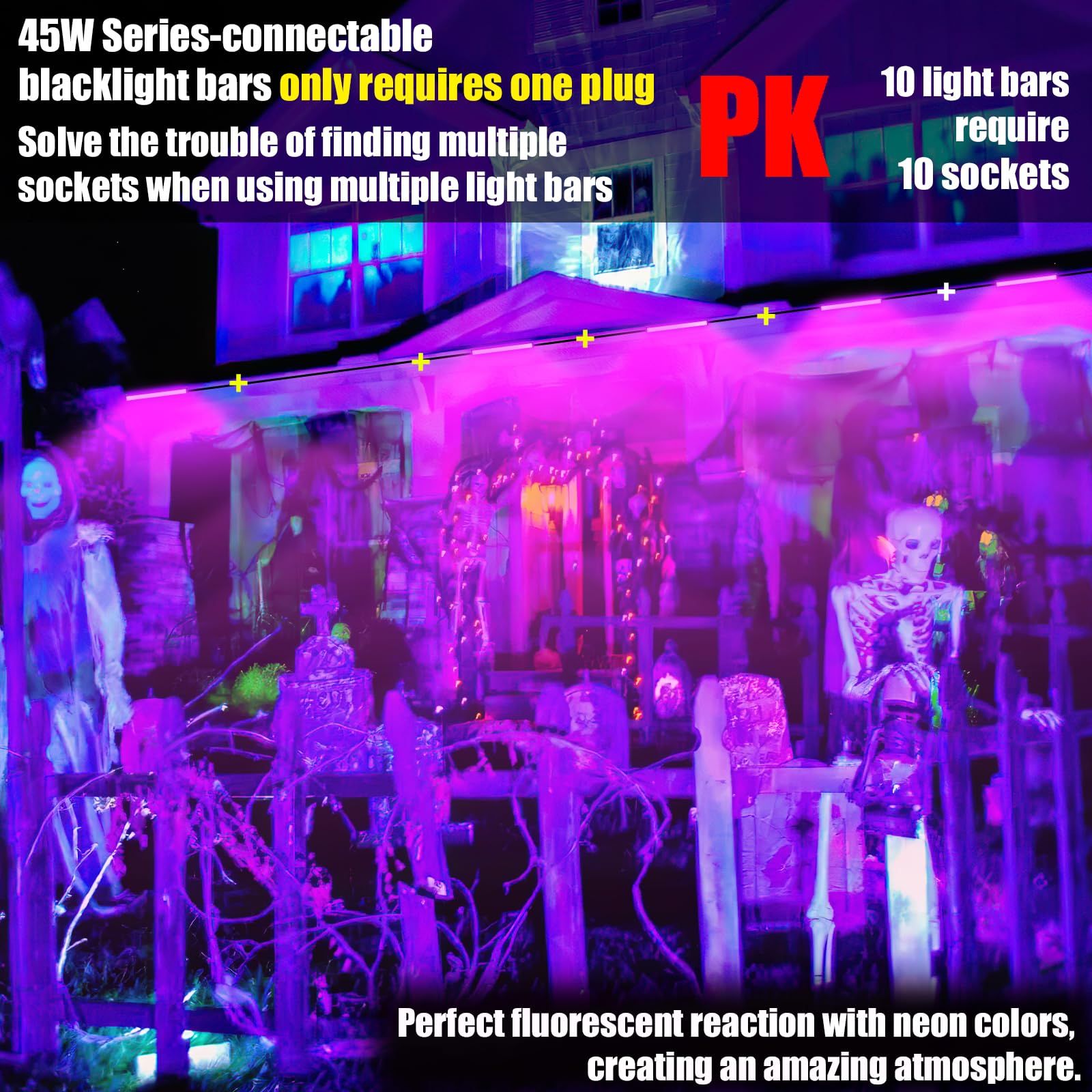 PIZHLO 4 Pack 45W Series-connectable LED Black Light Bar, Scalable Blacklight with 6.6ft Cord+Switch, Each Light Up 26x26ft Glow in The Dark for Halloween Party Birthday Body Paint Fluorescent Poster