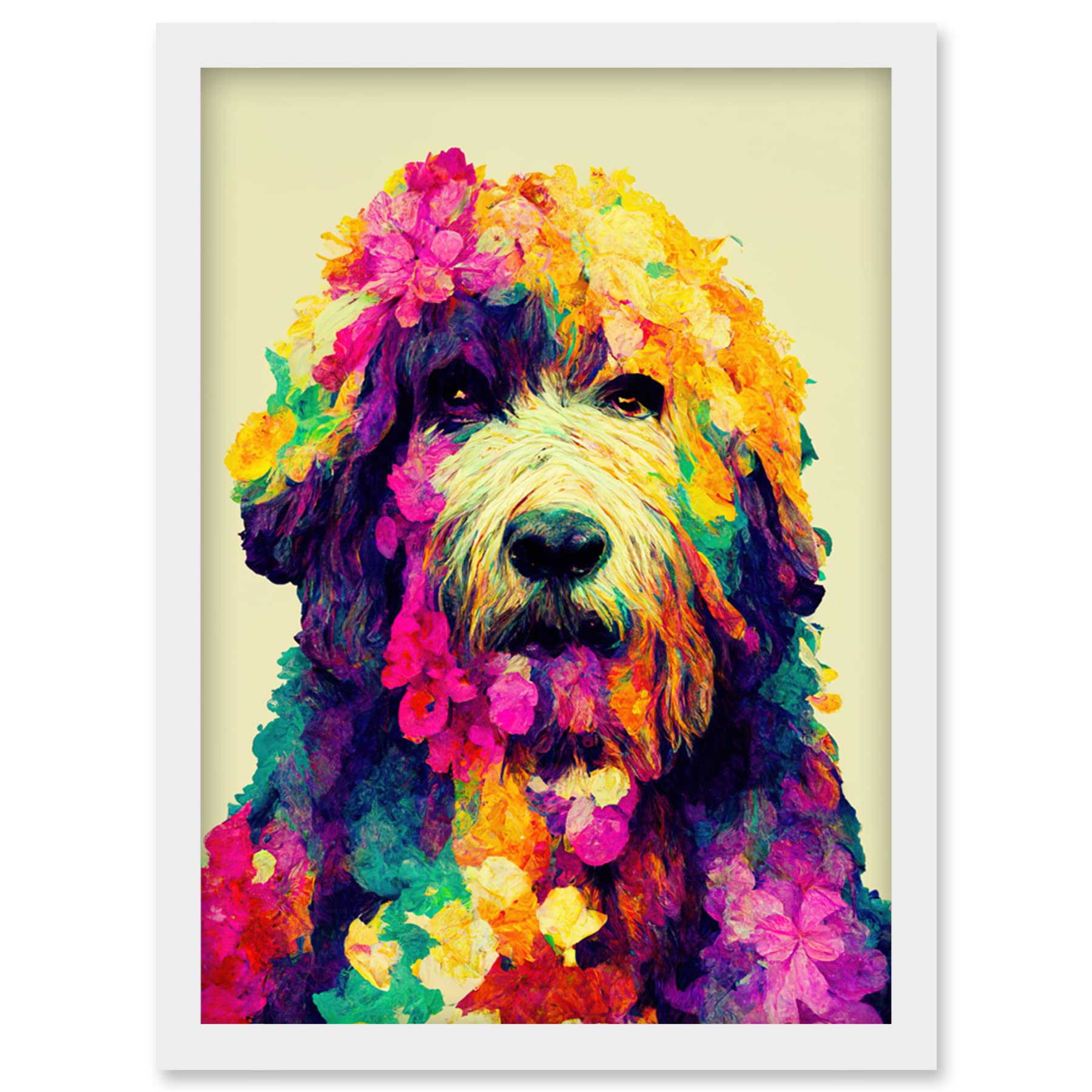 Wee Blue Coo Colourful Vibrant Floral Labradoodle Dog Abstract Portrait Artwork Framed Wall Art Print A4