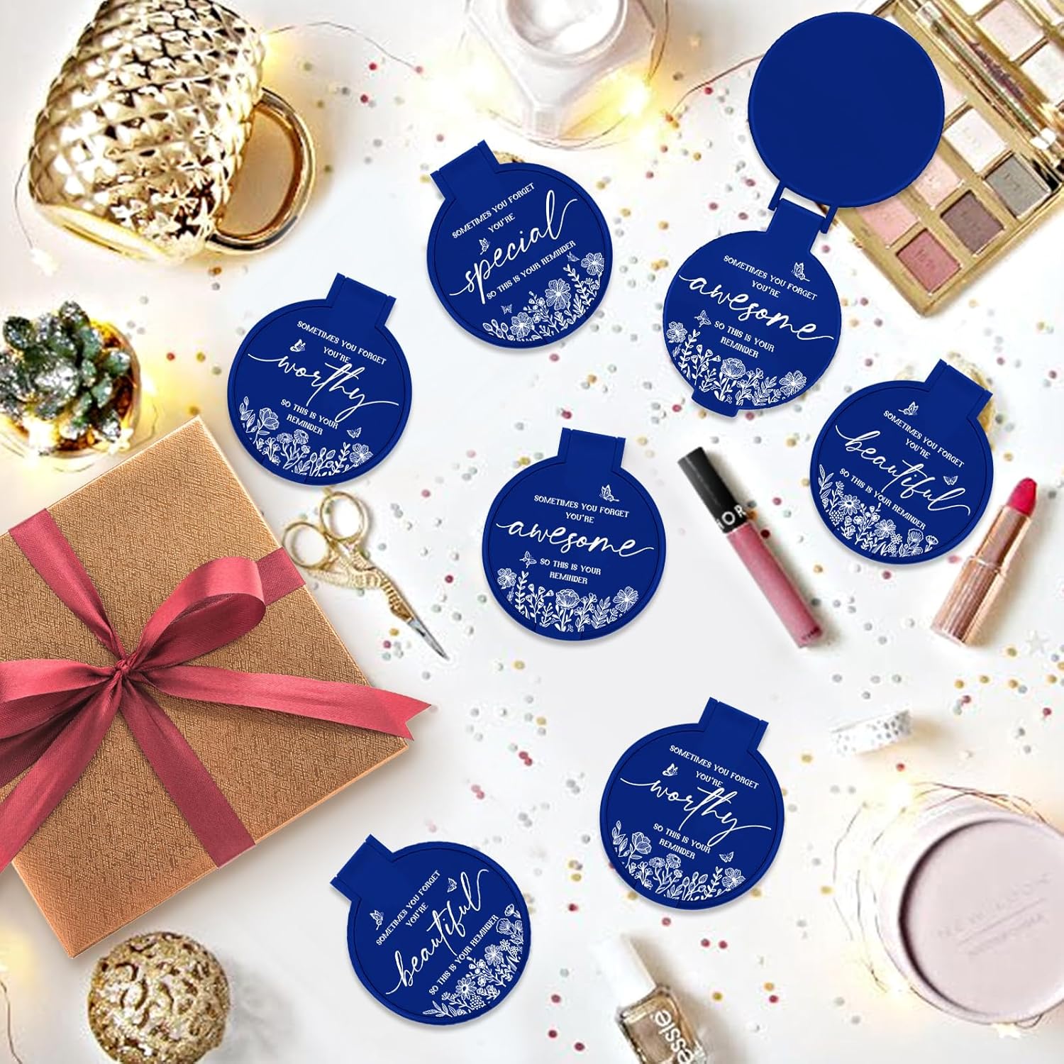 100 Pcs Inspirational Compact Mirror Bulk Small Pocket Mirror Purse Round Portable Folding Makeup Mirror Thanksgiving for Women Coworker Employee Teacher(Blue)