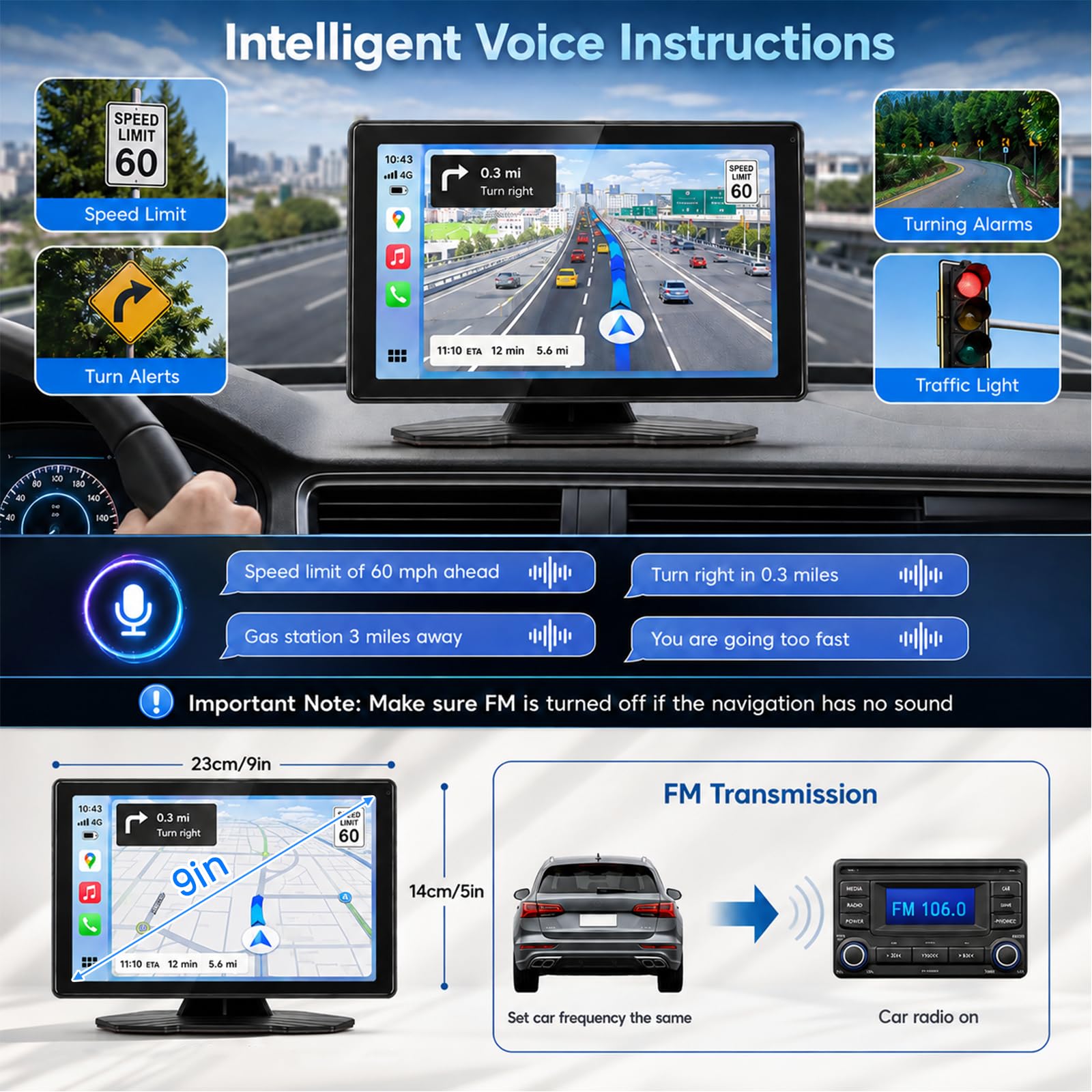 GPS Voiture 9 Pouces, Ecran Voiture avec Guidage Vocal, Mirror Link sans Fil, Bluetooth 5.4, Entrée AUX, FM, GPS Camping Car pour Voiture Camion Taxi Bus Poids Lourd