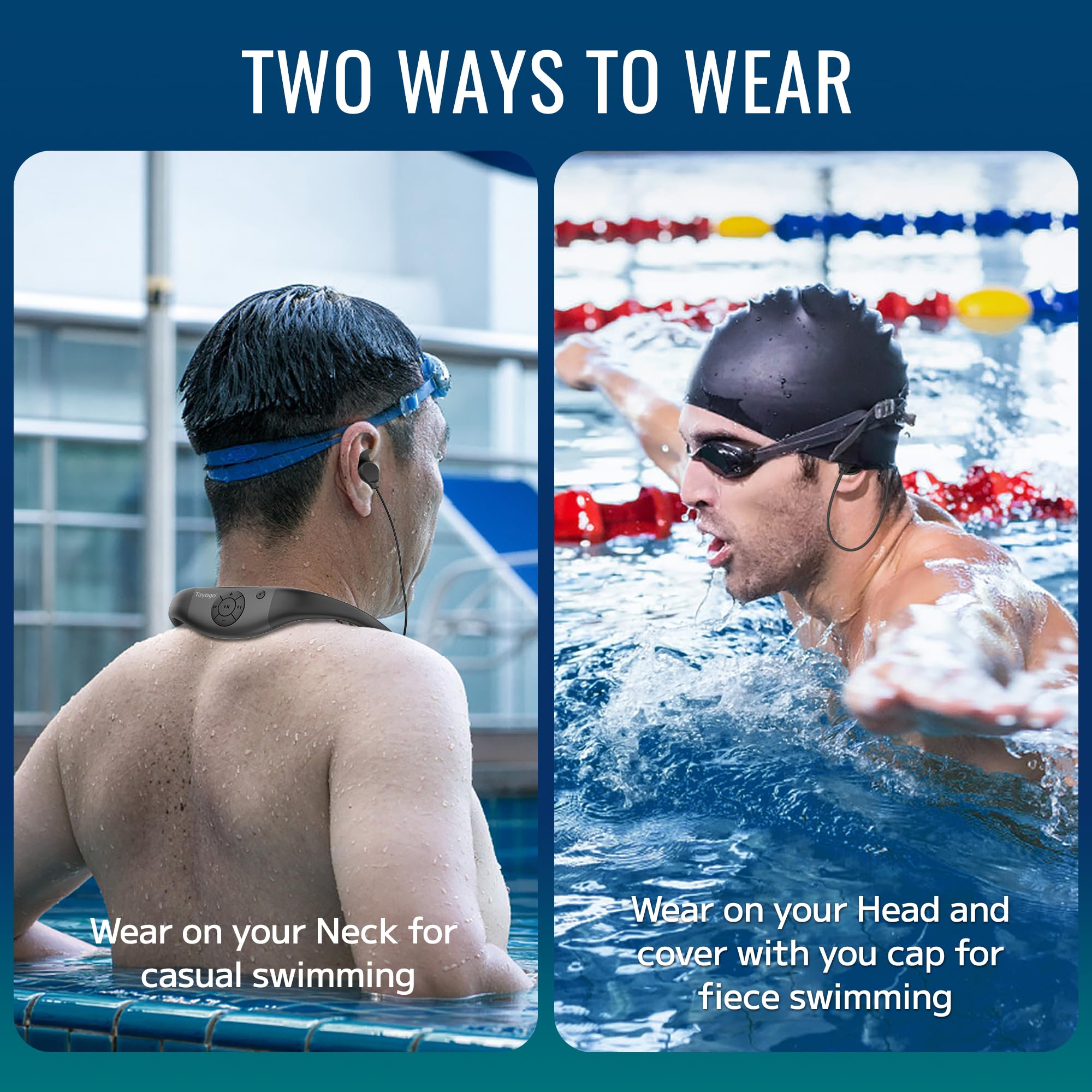 Tayogo W18 Écouteurs de Natation – Écouteurs in-Ear Étanches, MP3 4-en-1 32GB, Bluetooth 5.4, Radio FM, Compatibles avec Émetteur T6 pour Musique sous-Marine (Noir)