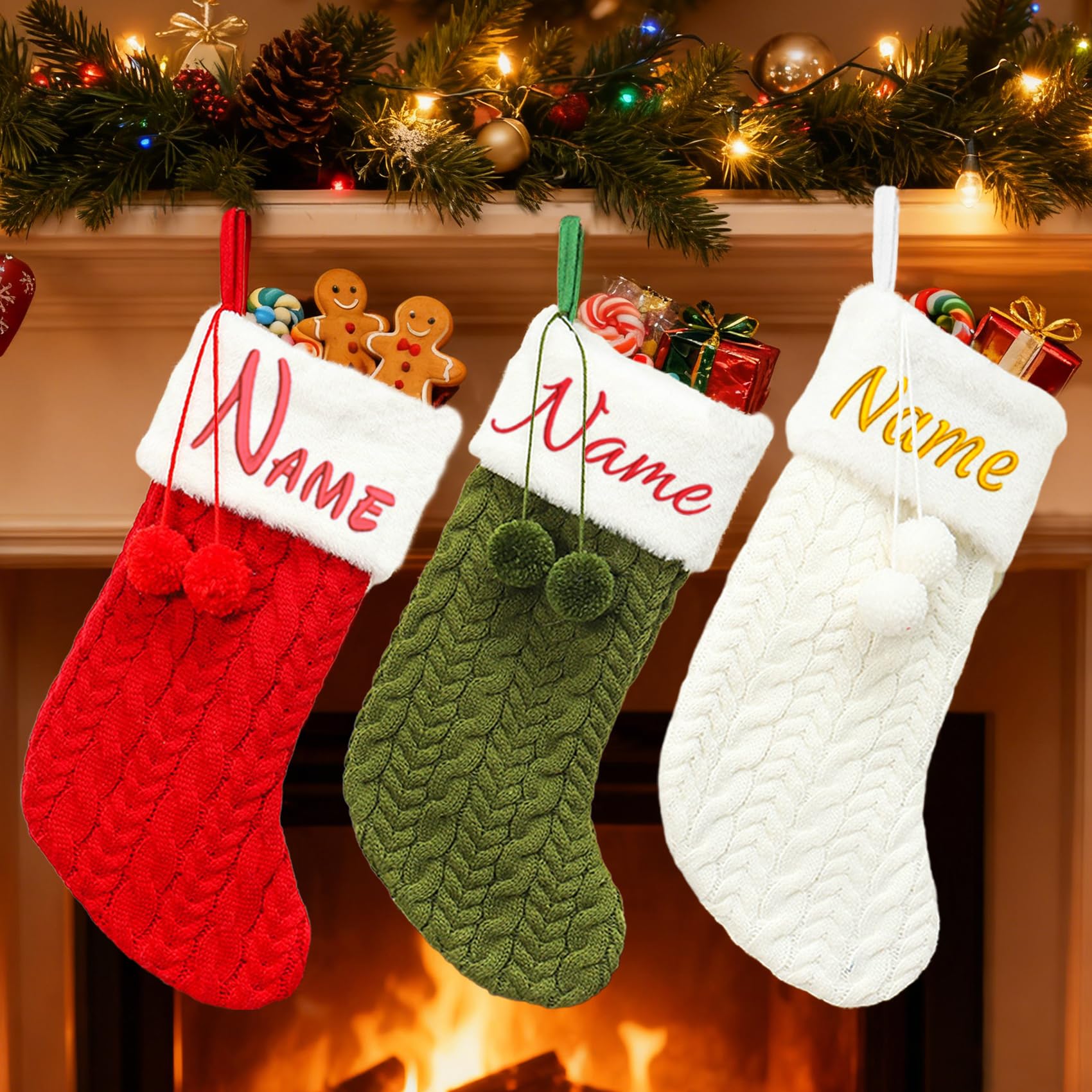 XNBTIM 5 Pcs Personalised Christmas Stockings, Custom Embroidered Name, 12" Knitting Family Christmas Stockings, Fireplace Tree Decorations Suitable for Holiday Christmas Parties, 3 Colors