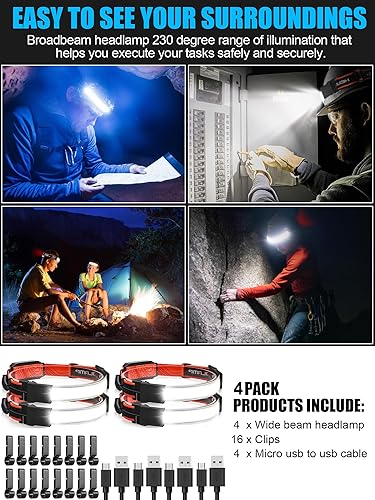 Miniatura 7 de Linterna LED para faros delanteros, 4 paquetes, 1000 lúmenes, 230, luz de haz ancha, lámpara frontal recargable USB con luz trasera roja, faros