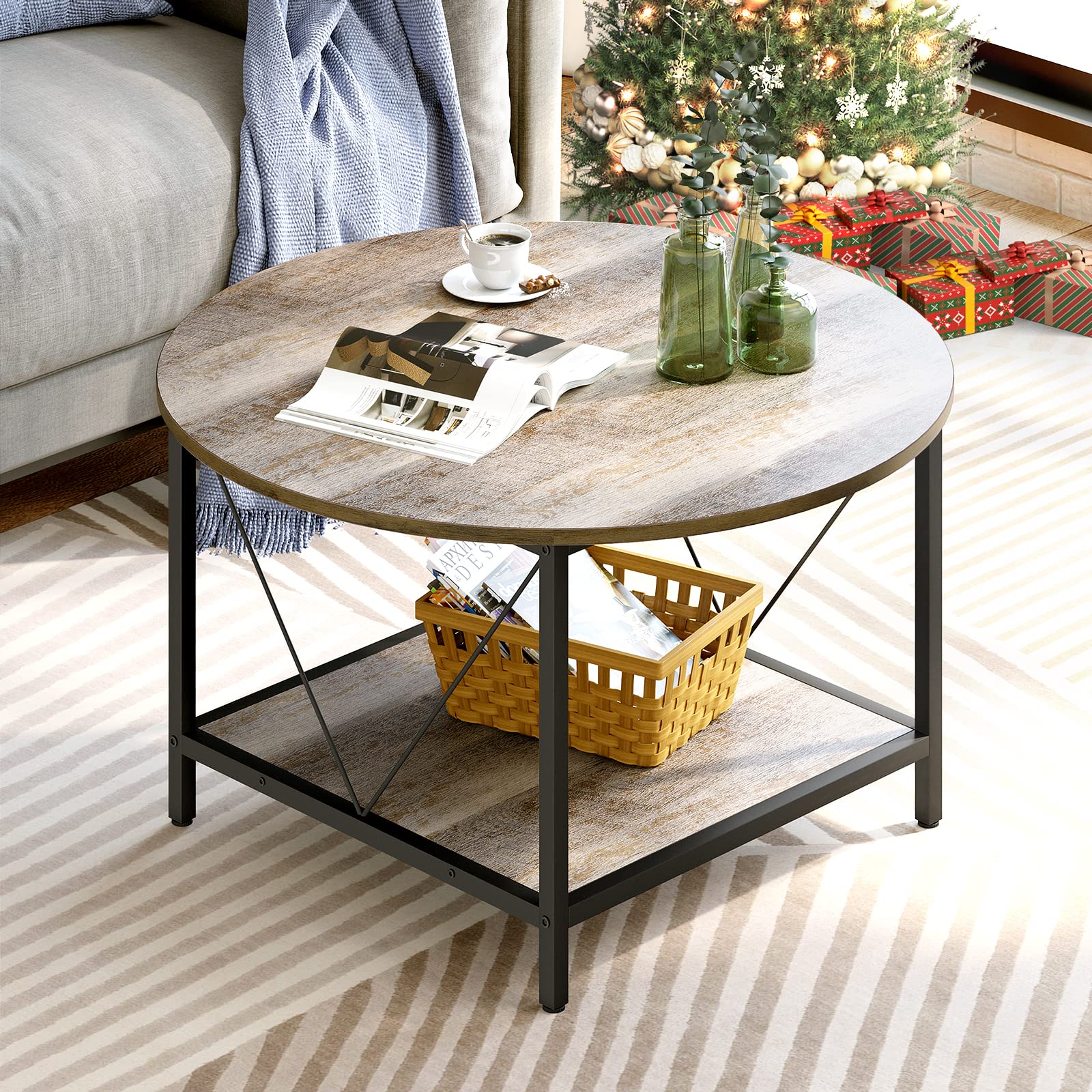 YITAHOME Round Coffee Table,Rustic Wood Coffee Tables for Living Room with Storage Shelf, Modern Farmhouse Circle Coffee Table Center Sofa Table with Sturdy Metal Legs Home Furniture, Grey Wash