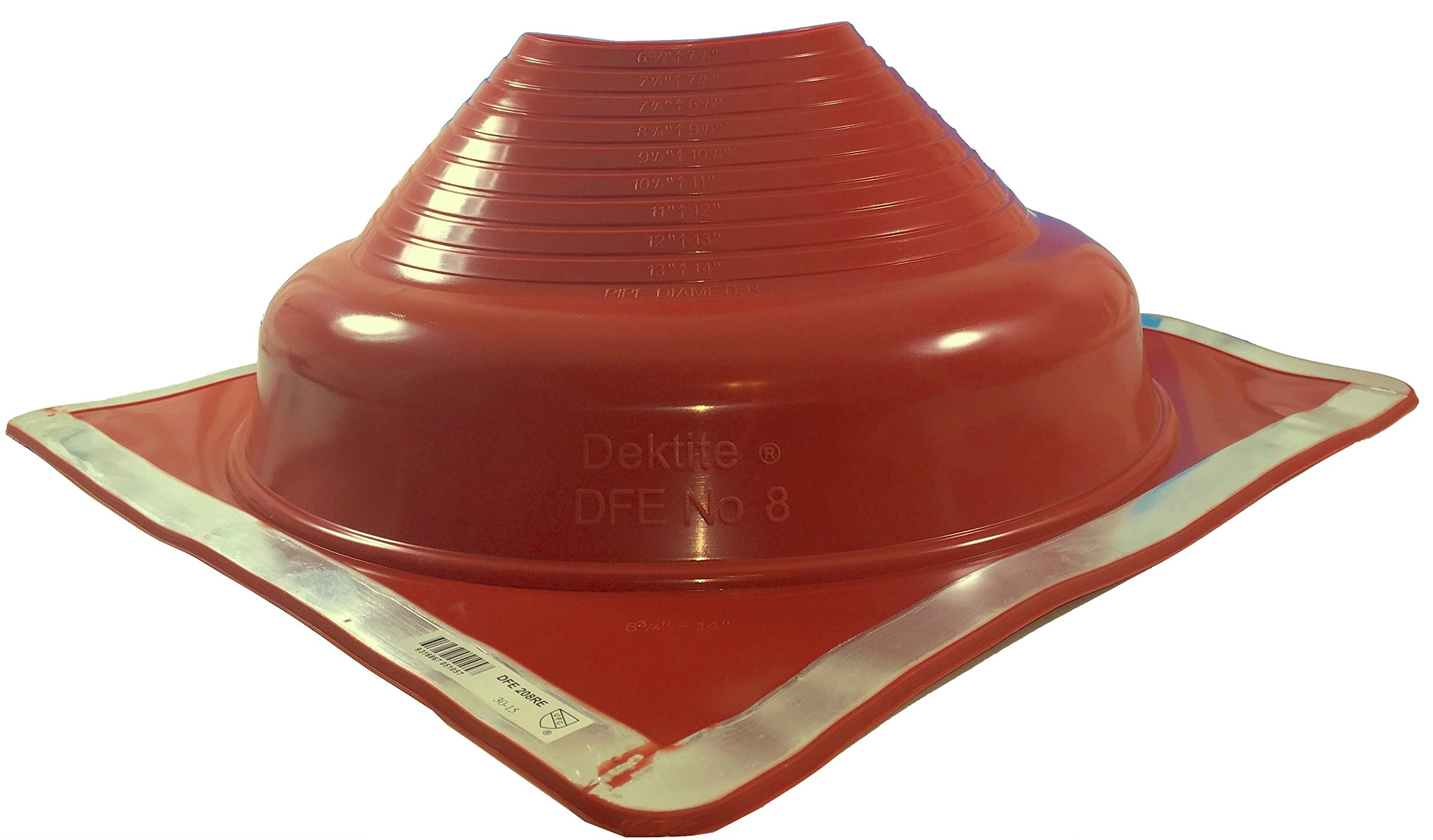 DektitePremium #8 Red Silicone Metal Roof Pipe Flashing, High Temp, Square Base, Pipe Sizes 7" to 13"