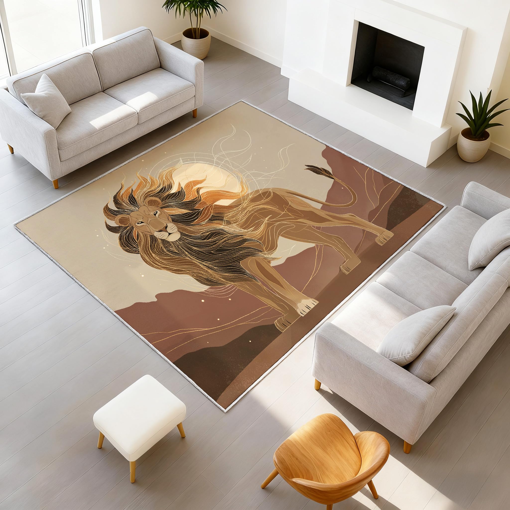 Retro i elegancki cienki dywan 140 x 200 cm | żółty złoty kudłaty dywan do salonu do przedpokoju biura pralni pokój dziecięcy | abstrakcyjny rysunek liniowy lew bohater wycieraczka z mikrofibry