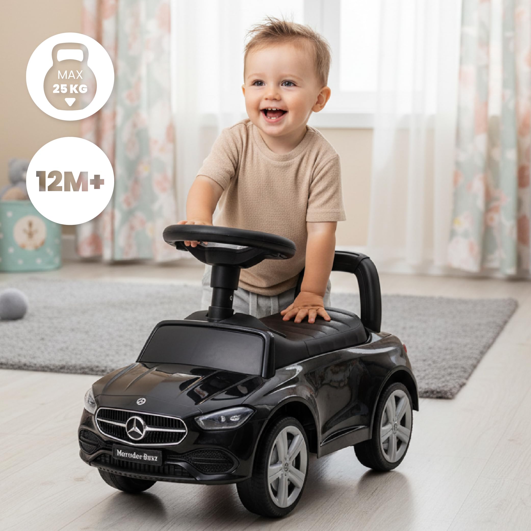 Porteur Enfant 1 an Mercedes AMG C63 Coupe S voiturette, Interactive avec klaxon et Sons de Moteur Push Car (Noir)
