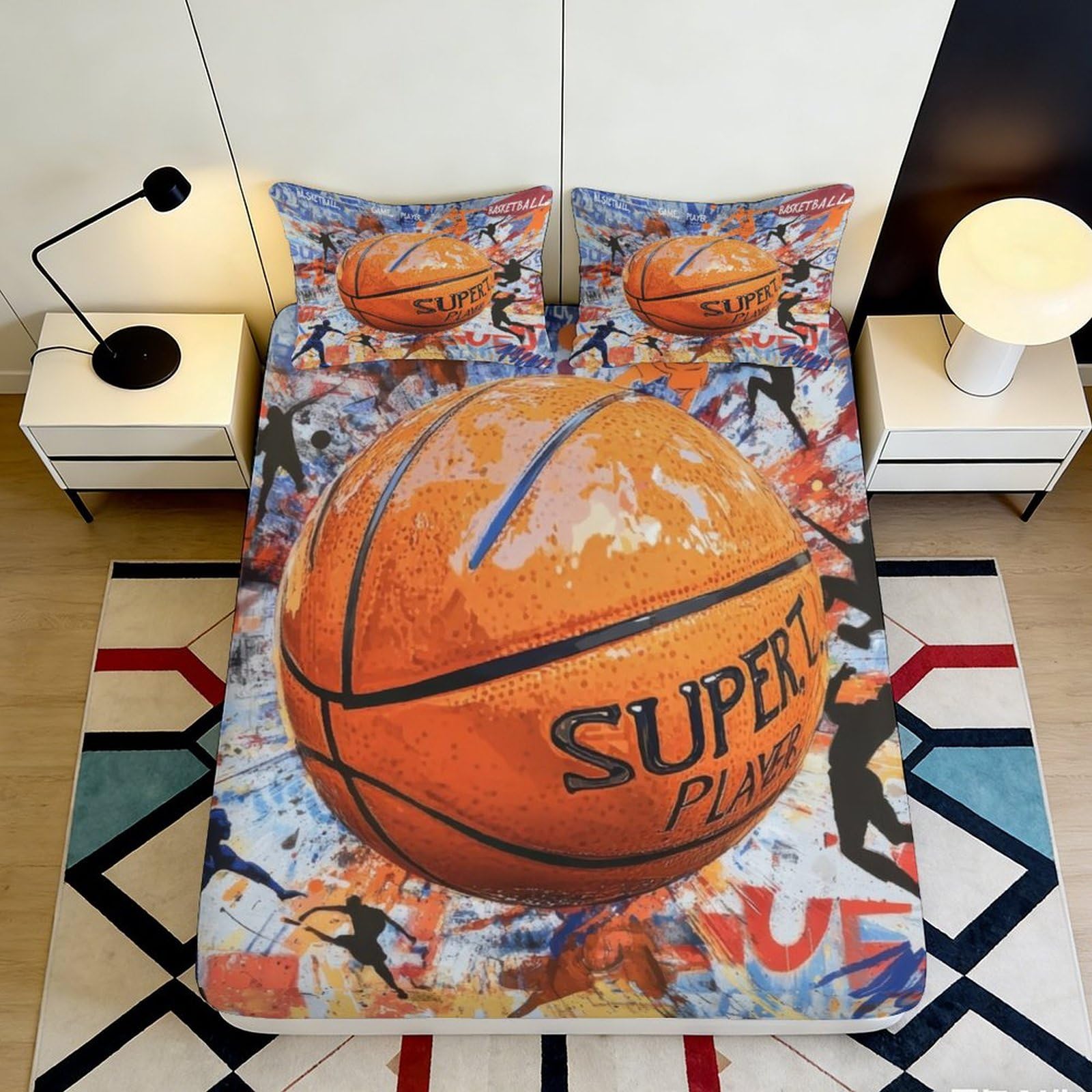 3D Printed Basketball Graffiti Fitted Sheet Microfiber Orange Sports Street Art Mattress Cover for Bedroom Dorm 200x200x25cm