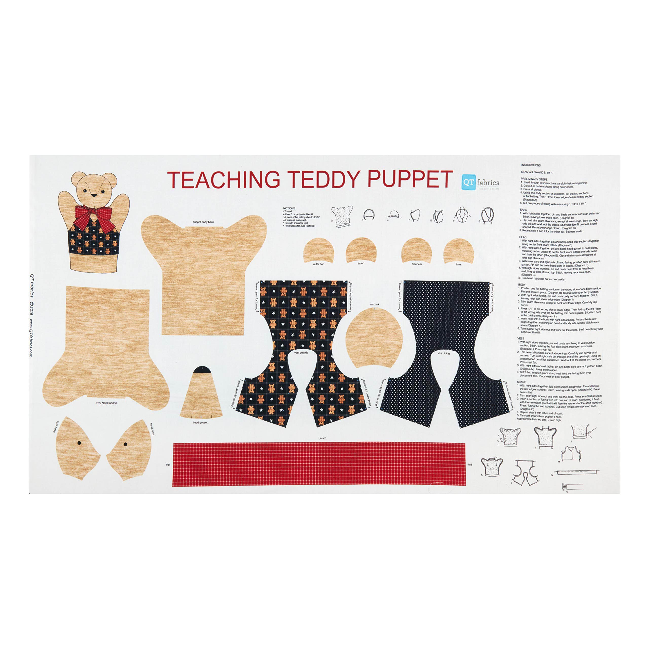 QT s Digital Sew & Go Teaching Teddy Puppet 25'' Panel Tan