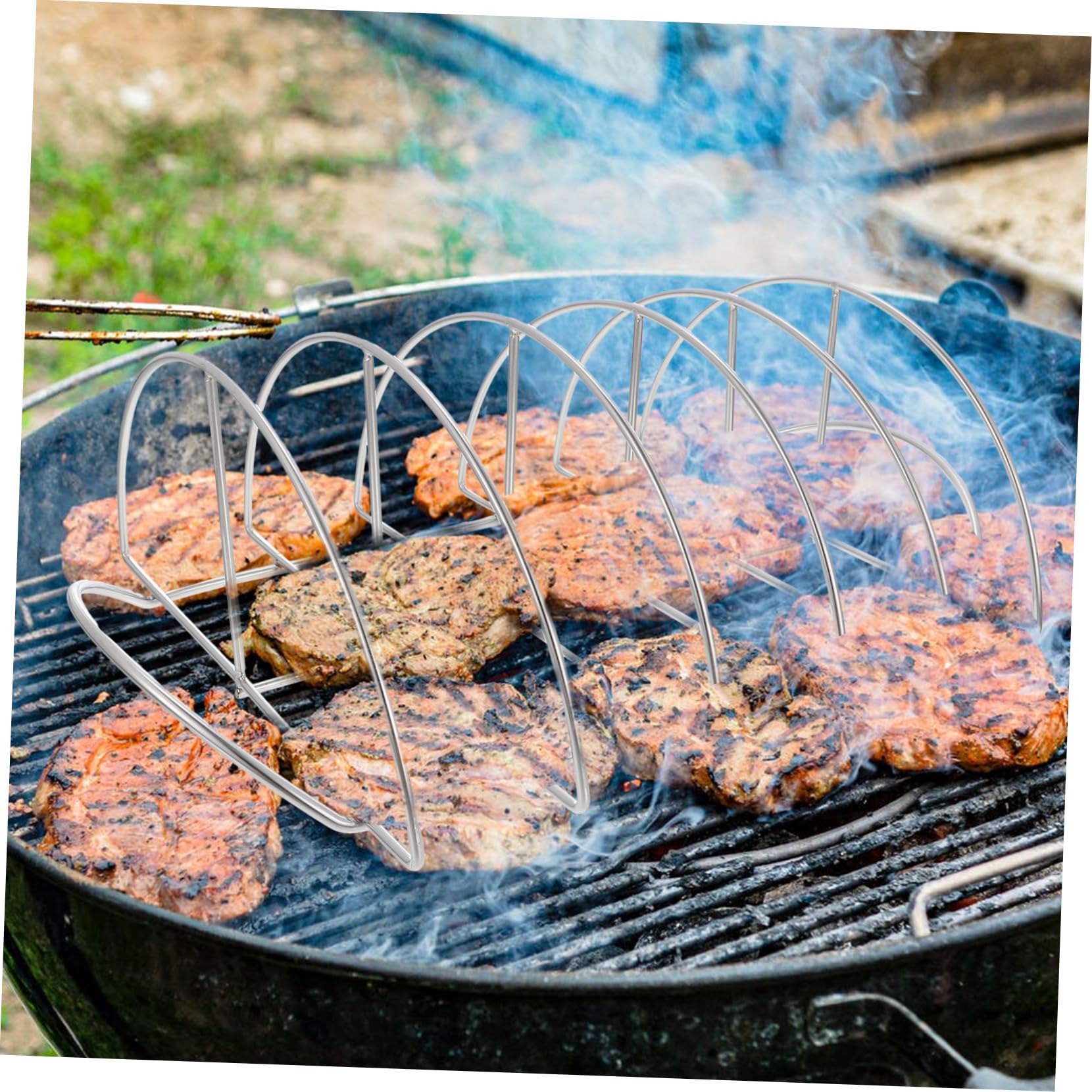 Kisangel Supporto per Costine da Barbecue in Acciaio Inox, Rastrelliera Multiuso per Agnello e Pollo, Leggero e Resistente, per Picnic e Grigliate in Casa