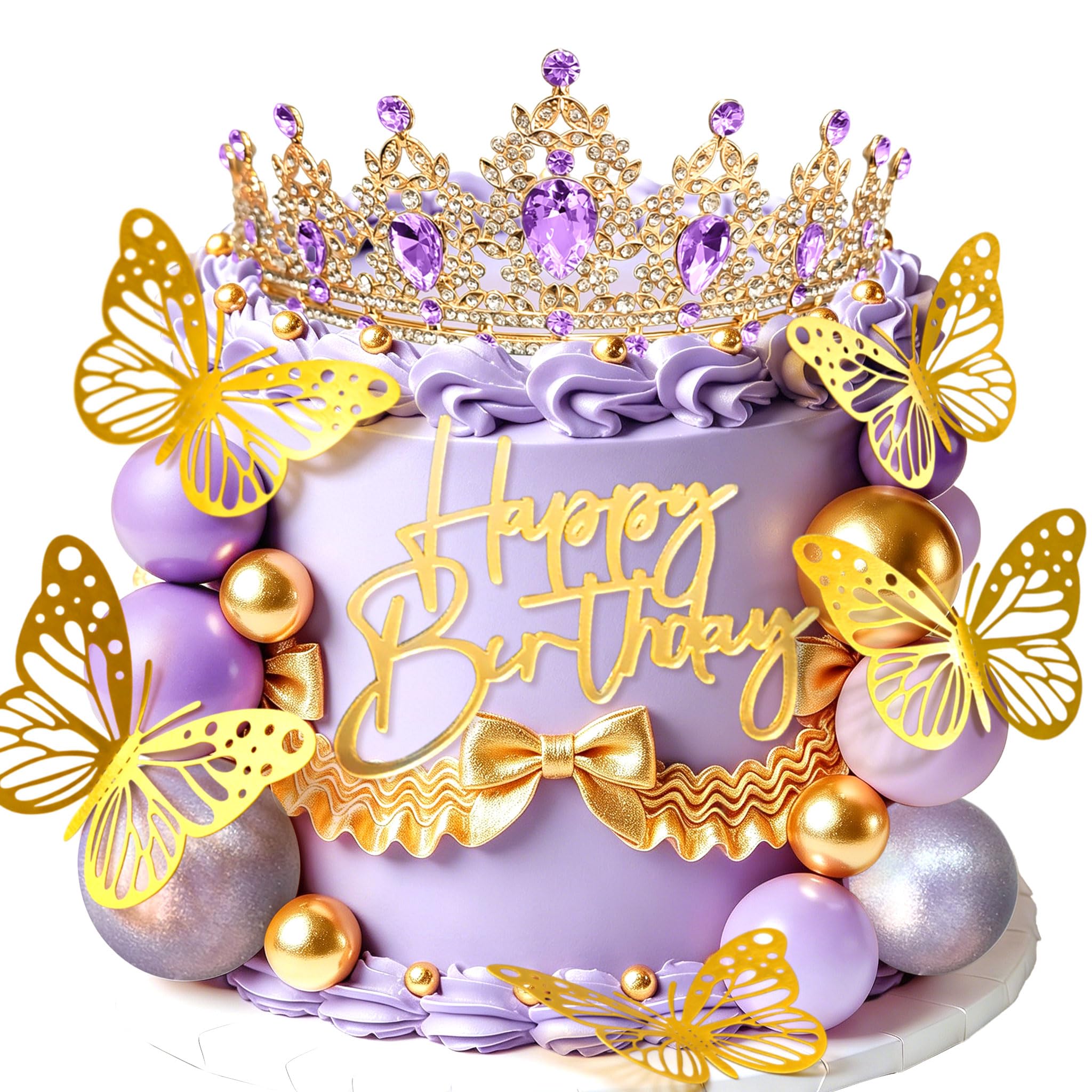 Purple Crown Cake Topper Gold Balls Cake Decor Crown Birthday Gold Butterfly Sign for Birthday Baby Shower