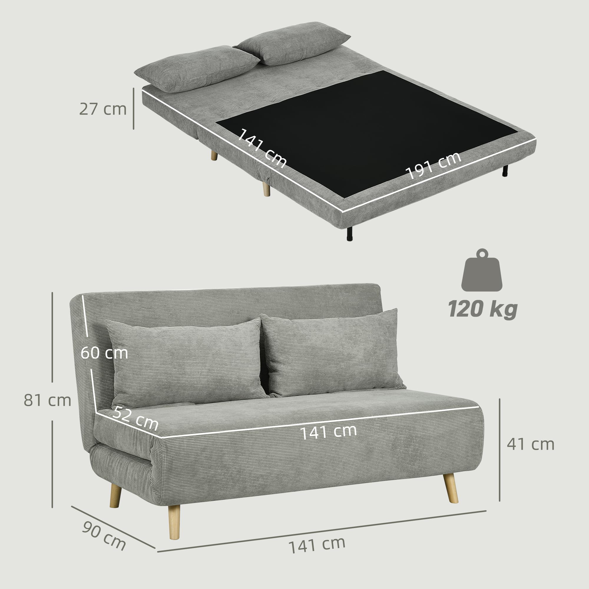HOMCOM Divano Letto Matrimoniale con Schienale Regolabile in 3 Posizioni e 2 Cuscini, Divano Letto Clic Clac in Tessuto Effetto Lino Grigio