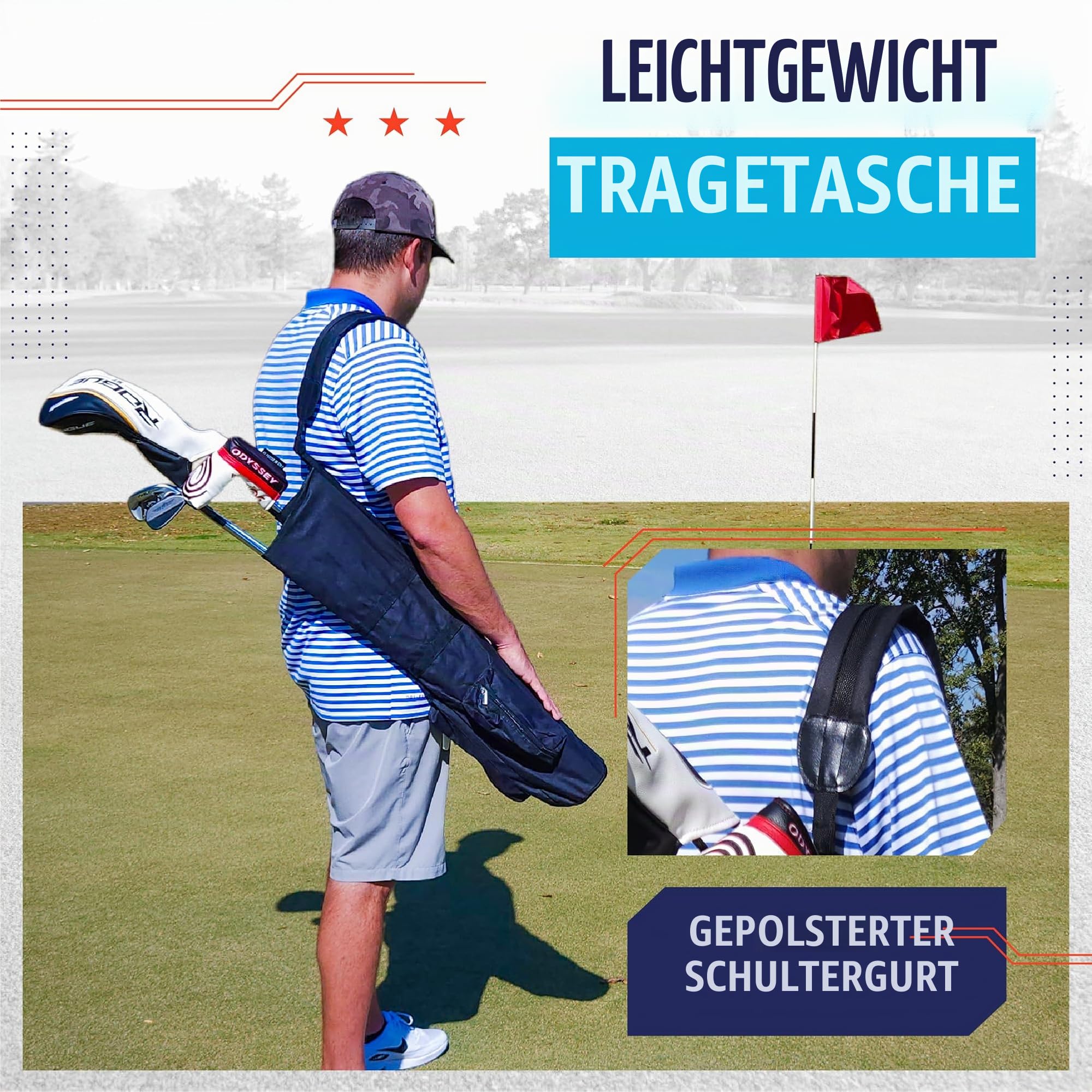 Stripe Golf Sunday Golftasche | Schwarz Leichte Reise Trage mit gepolstertem Schultergurt für Driving Range Praxis einfacher Transport – gut Anfänger, Jugendliche, Erwachsene oder Senioren