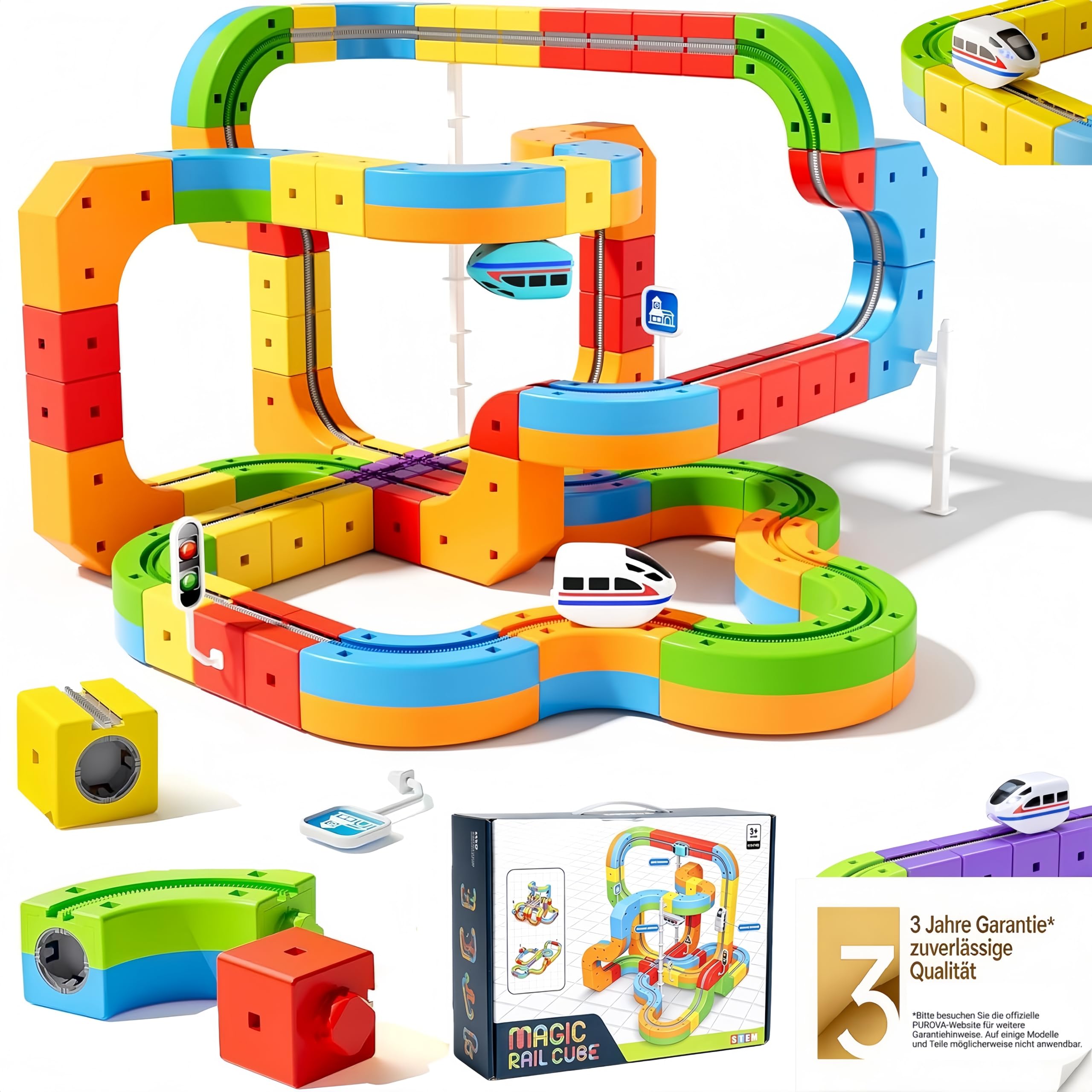 Purova Clickrail Electric Train Set, Bausteine Schienen Set mit Elektro Drehbahn Zug, BAU Spielzeug Zugschienen, 3D Einbausystem & Motorwagen (123 Teile Set + 2 Schienenlok)