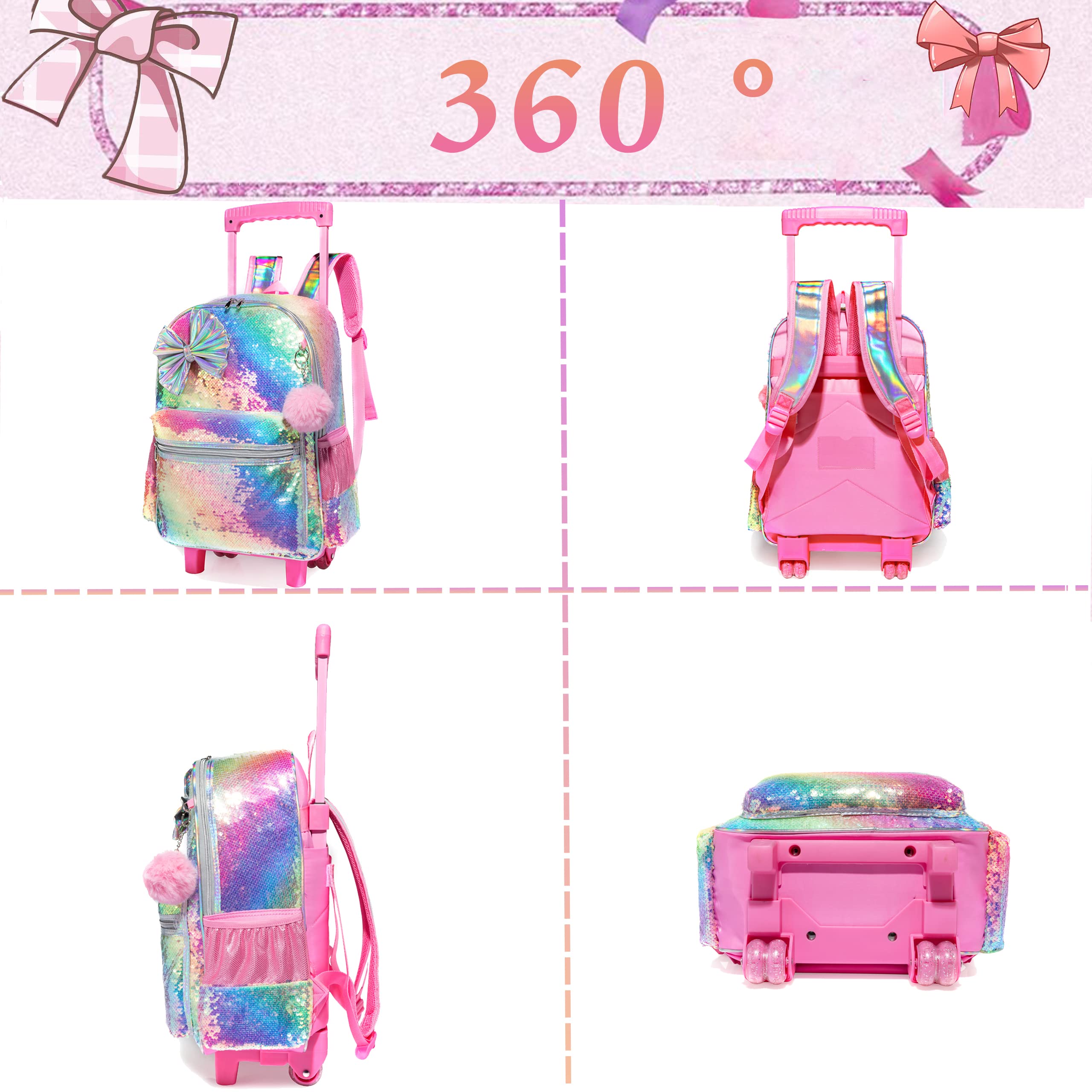HTgroce Cartable Fille Primaire roulettes, 3 en 1 Cartable Fille Sac à Dos Combinaison Comprend Un Sac à Lunch et Un étui à Crayons