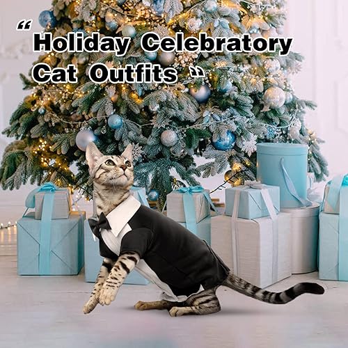 Miniatura 9 de DENTRUN Traje de esmoquin de gato con dos corbatines, elegante camisa de gato, atuendo formal de gato, ropa de moda de gato sin pelo, atuendo formal