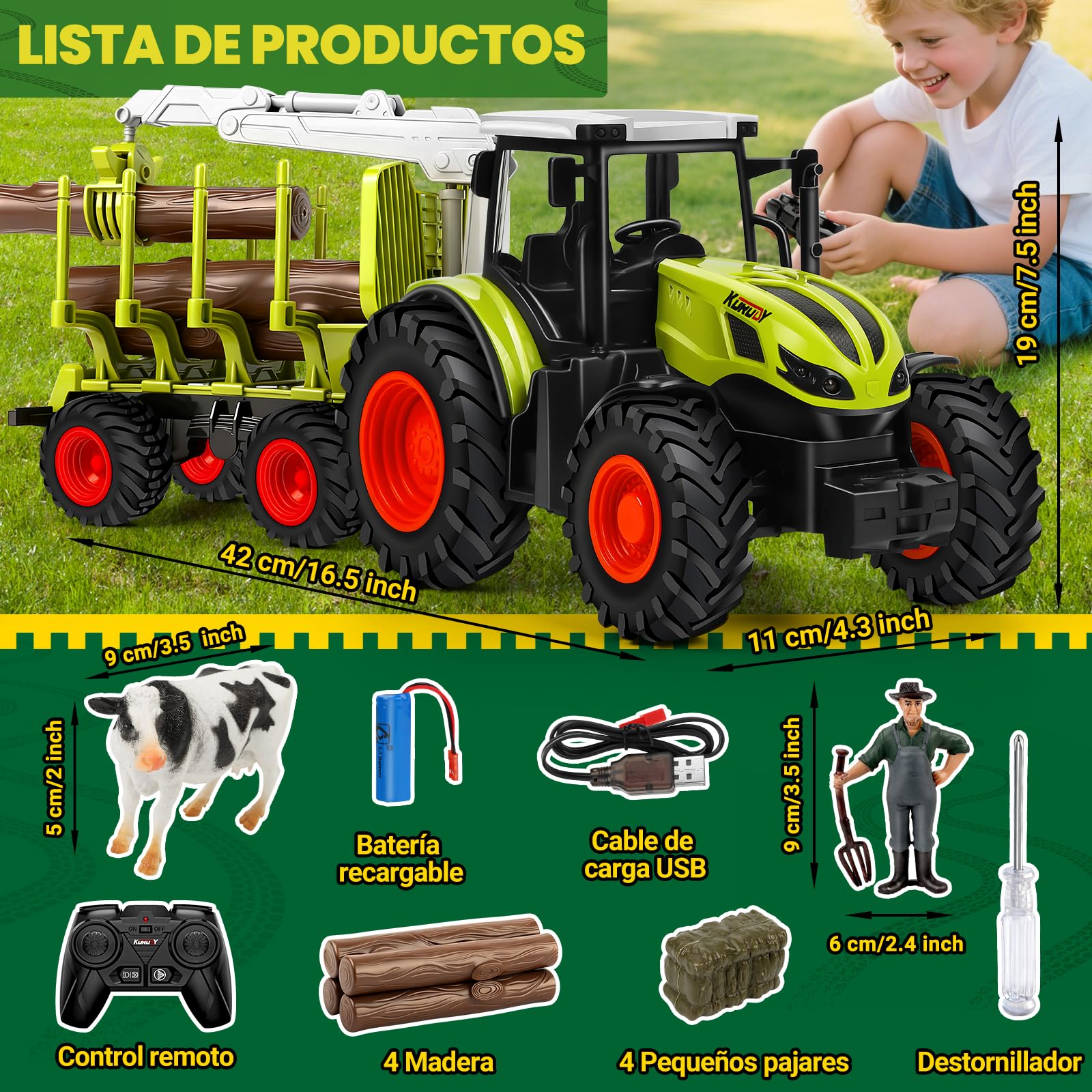 BuzzoXerex Tractor Teledirigido para Niños, 2,4 GHz Tractor RC Juguete con Remolque y Luz, 1:16 Tractores Juguetes para Niños 4, 5, 6 años
