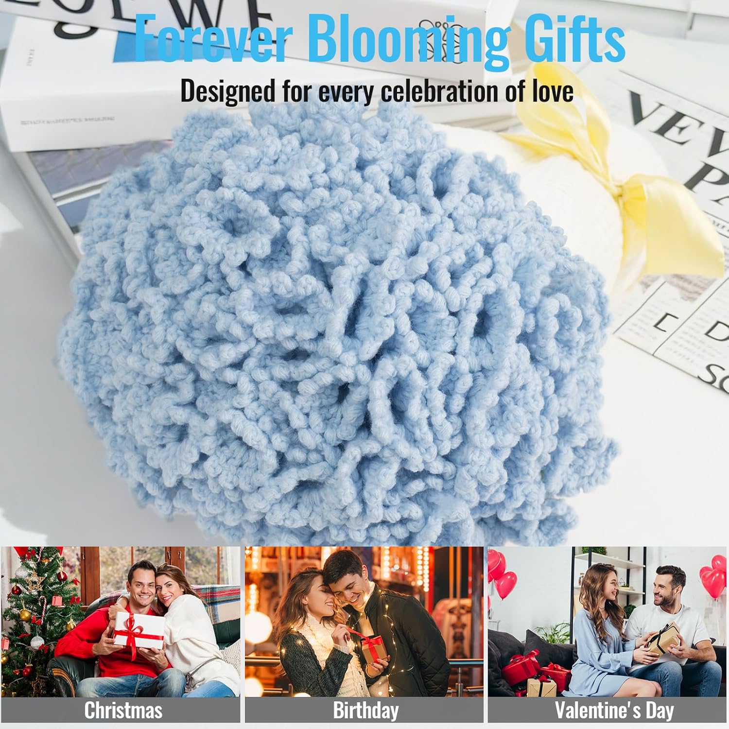 Handmade Crochet Rose Flower Bouquet Blanket - Round, Soft & Lightweight Romantic Gifts for Her, Birthday/Wedding/Valentine’s Day/Mother’s Day Home Decor (Blue, 51 inch)