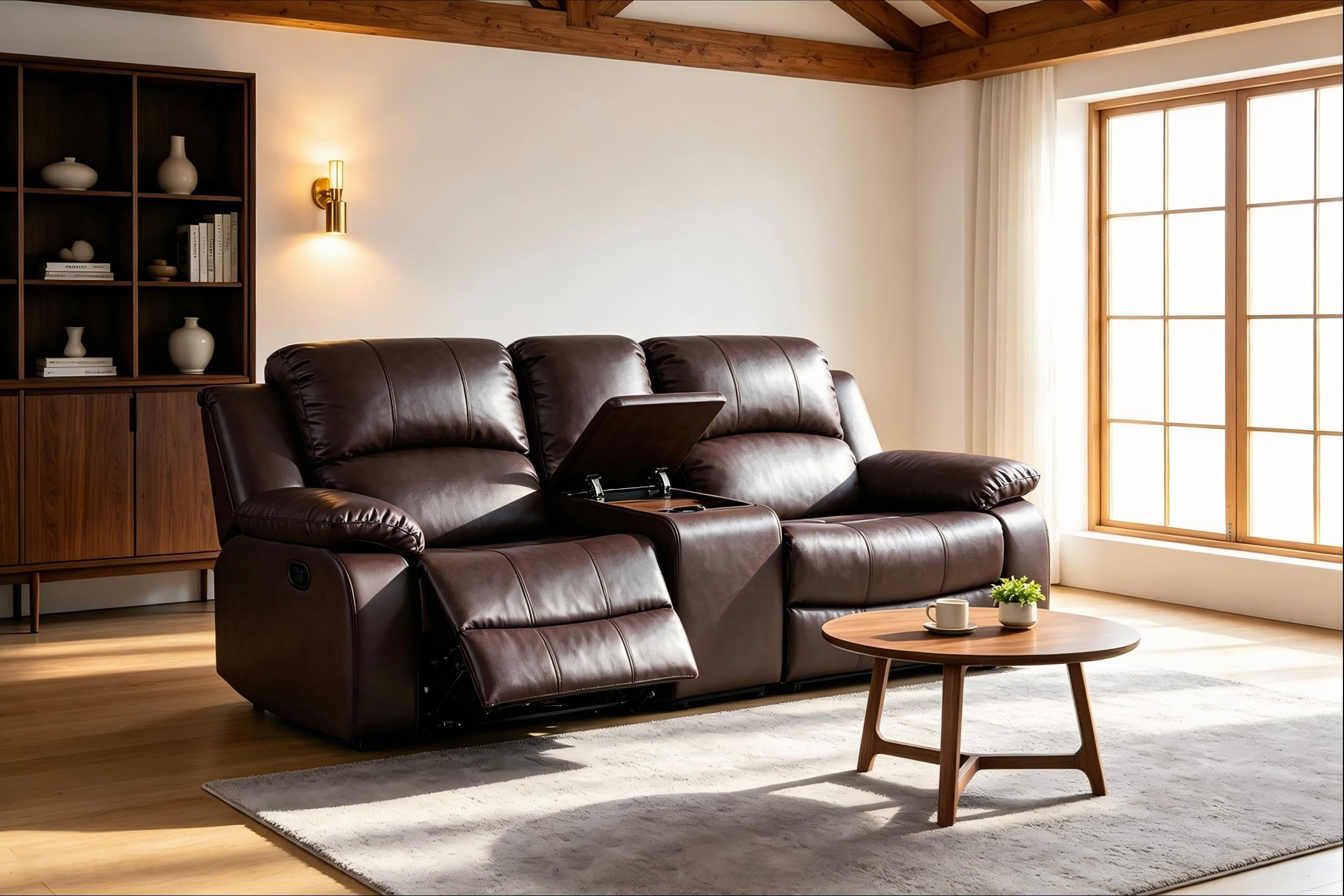Toseslo Manual Recliner Loveseat Set, Living Room Furniture Sets, 2 Seater Modern Reclining Couches, Brown Leather Reclining Couch Sets with Storage Console/Cup Holder for Living Room/Apartment view 2