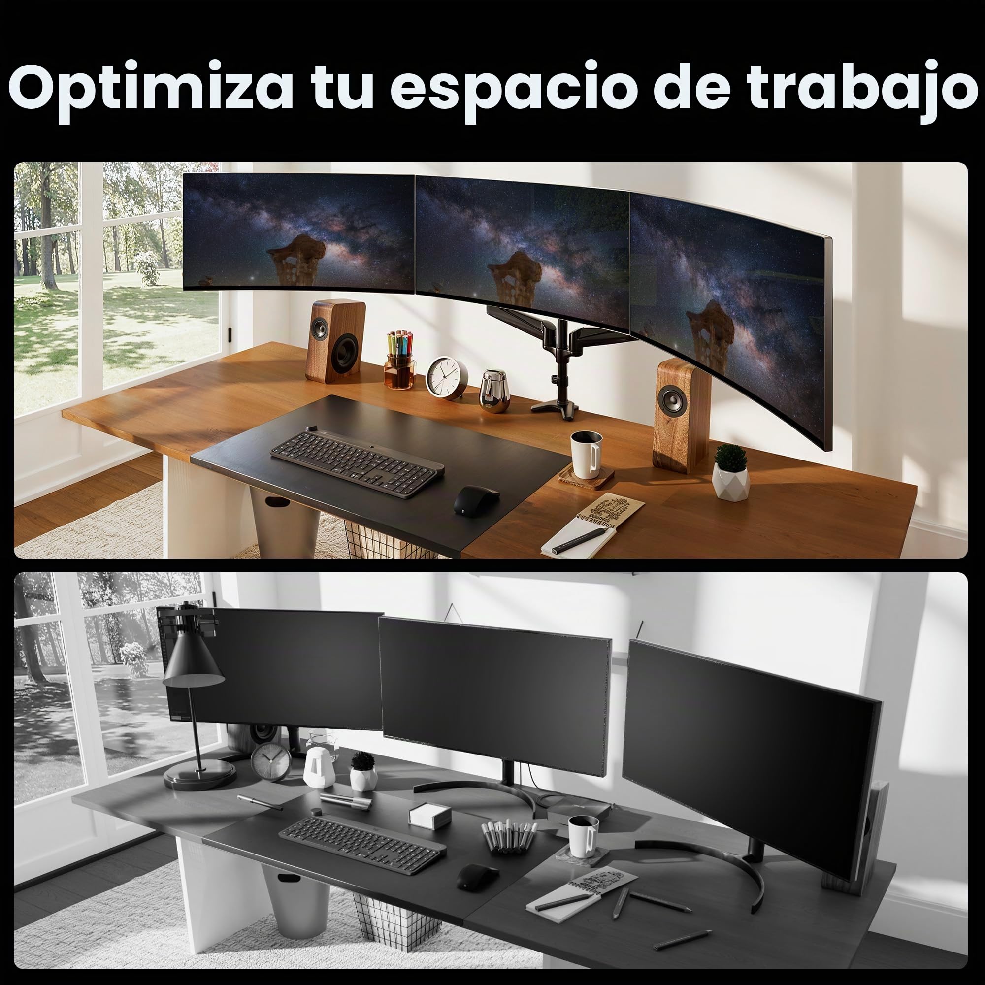 HUANUO Soporte Triple Monitor para 3 Pantallas de 17-32 Pulgadas, Brazo Triple Monitor Ajustable con Capacidad de Peso 8kg, Soporte para 3 Monitores con 2 Opciones de Montaje, VESA 75x75 100x100