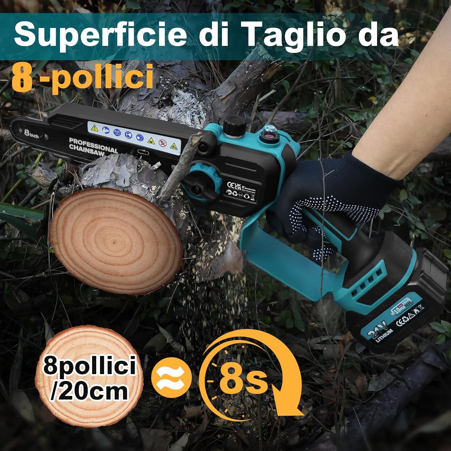RINOXAR Mini Chainsaw cutting a log, demonstrating its 8-inch cutting surface and efficiency.