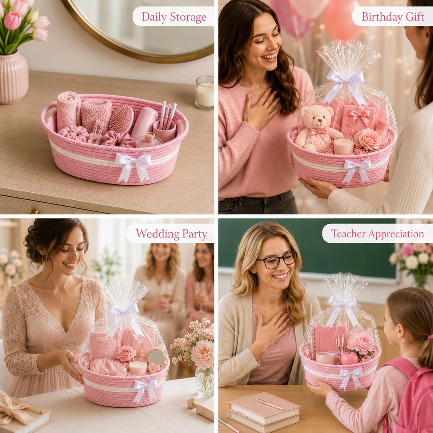 Gift Basket Empty with Gift Bag and Ribbon, Pink Cotton Rope Basket with Handle, Fillable Gift Baskets Empty for Baby Shower, Birthday, Wedding, Father's Day, Nursery Organizer, Graduation, Holidays