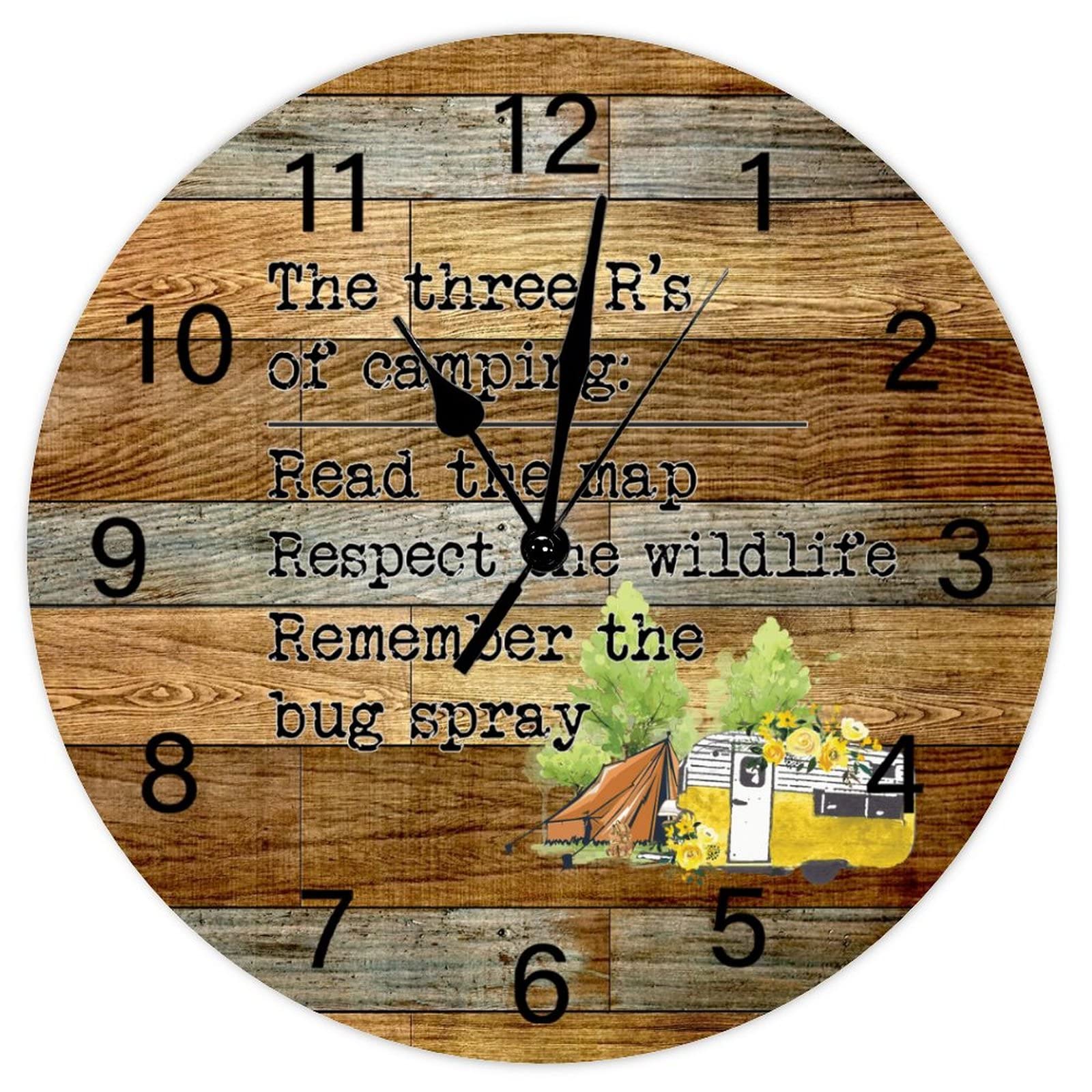 Horloge murale camping rustique en bois de 38 cm pour decoration de chalet et salon