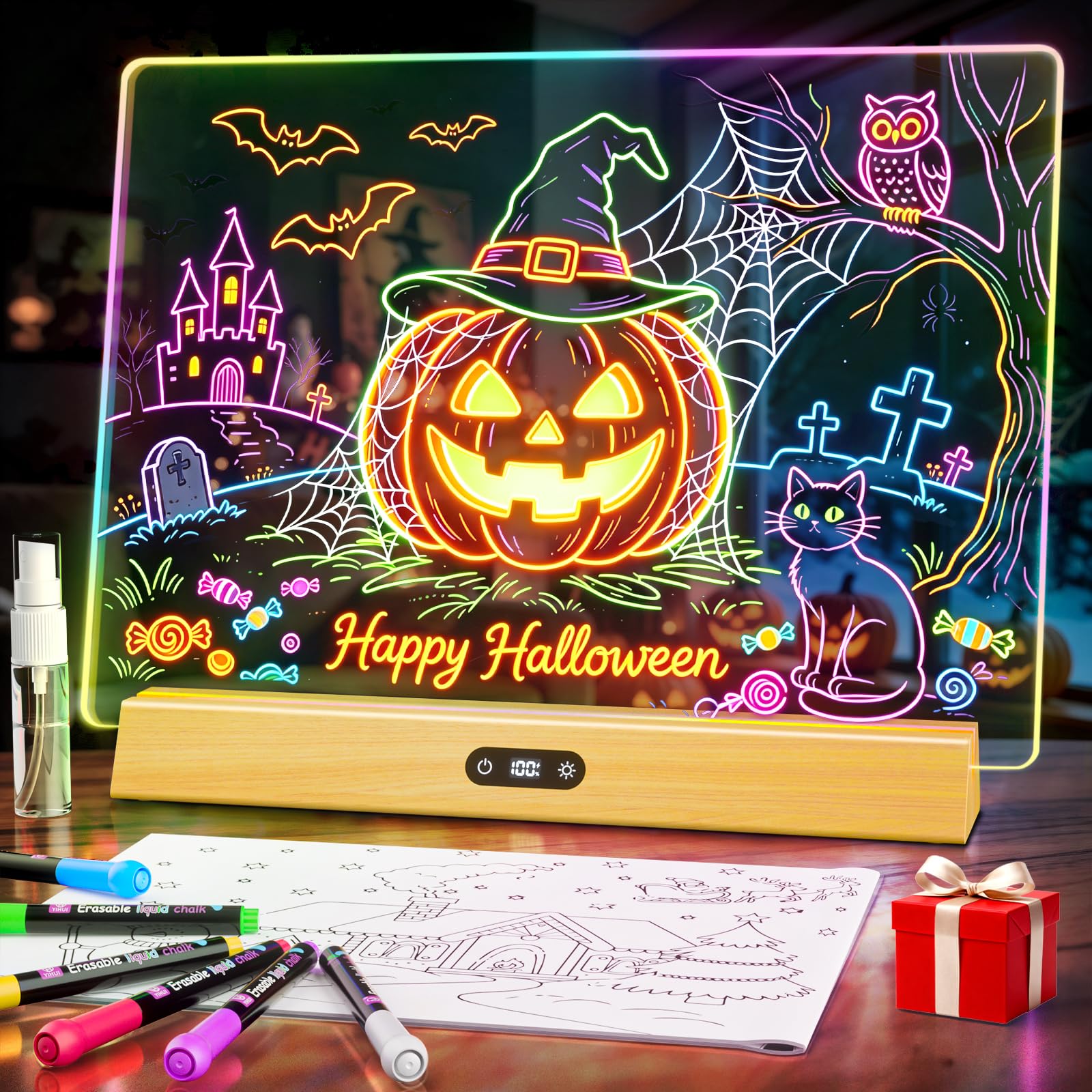 LED Note Board with Colors, Rechargeable 17-Inch Doodle Glow 9-Mode Light Up Desk Sign Letter Message Memo Drawing Dry Erase Board for Classroom/Home Decor/Office/Gifts, 6 Markers &amp; Tracing Book