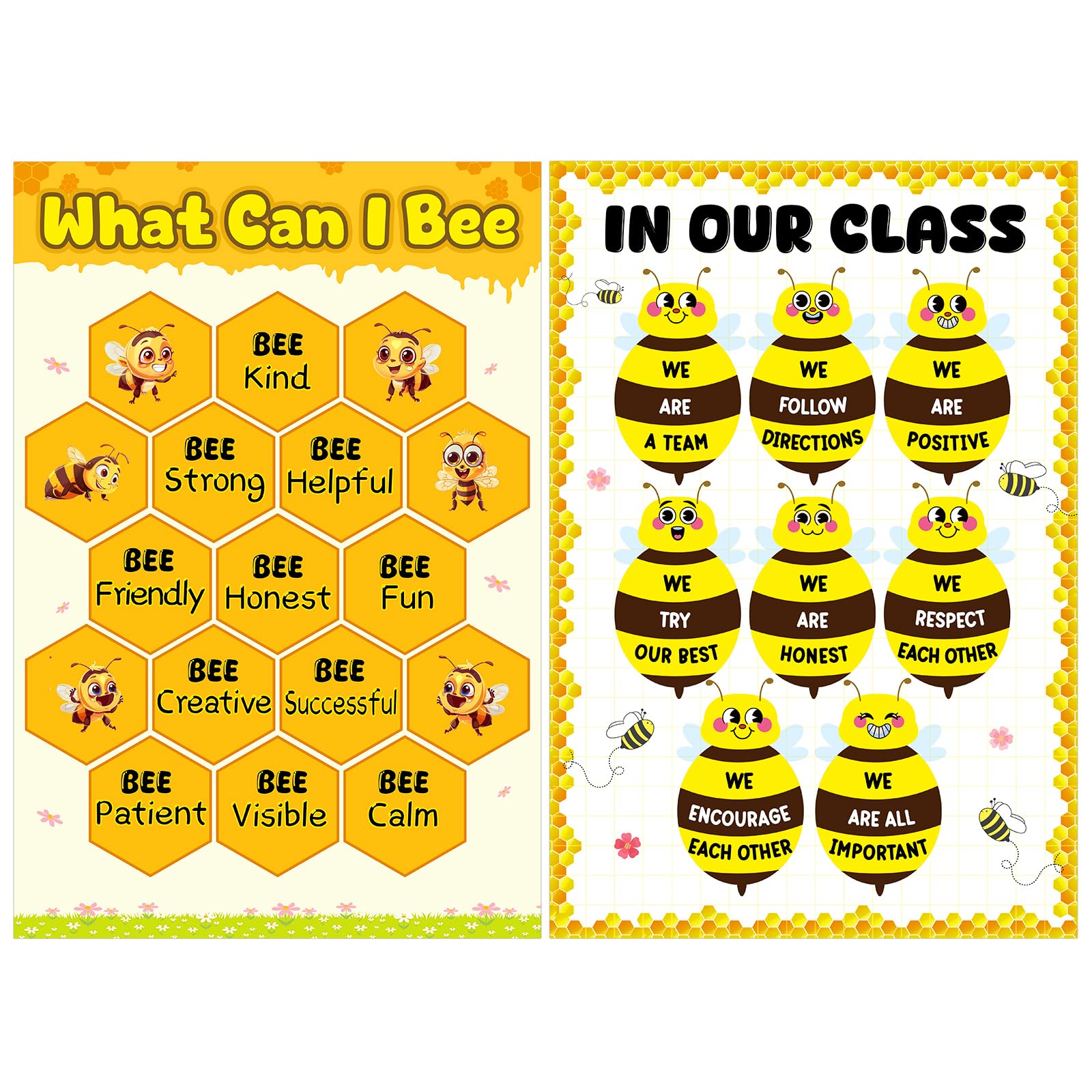 D4DREAM Classroom Rules Poster - 2pcs Honeybee Motivational Posters for Classroom Decorations Inspirational Educational Posters Back to School Teacher