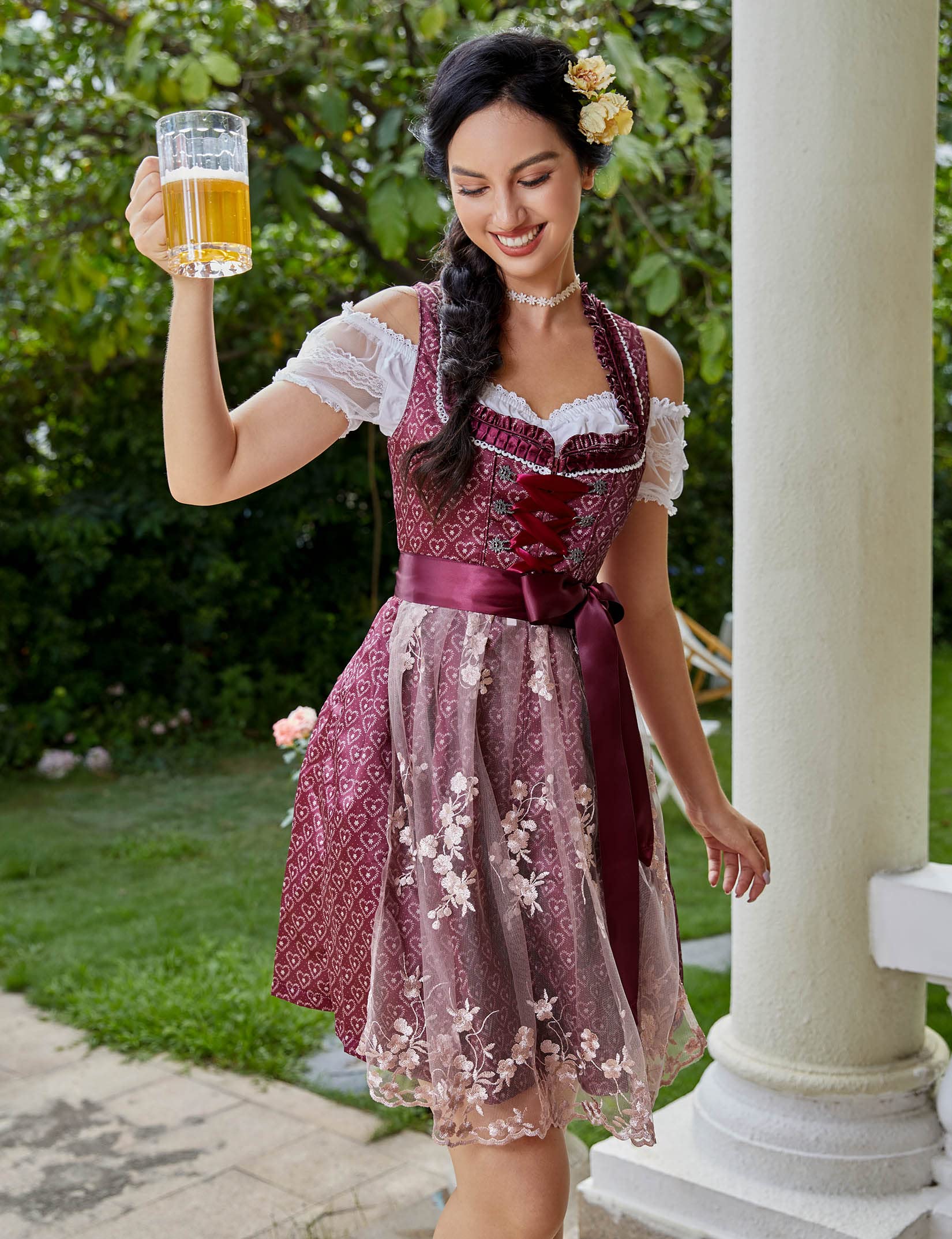 KOJOOIN Abito Donna Dirndl Bavaria Oktoberfest Set 3 Pezzi Camicia e Grembiule Dirndl Manica Corta Grembiule Bavarese Oktoberfest Cameriera Abiti da Festa