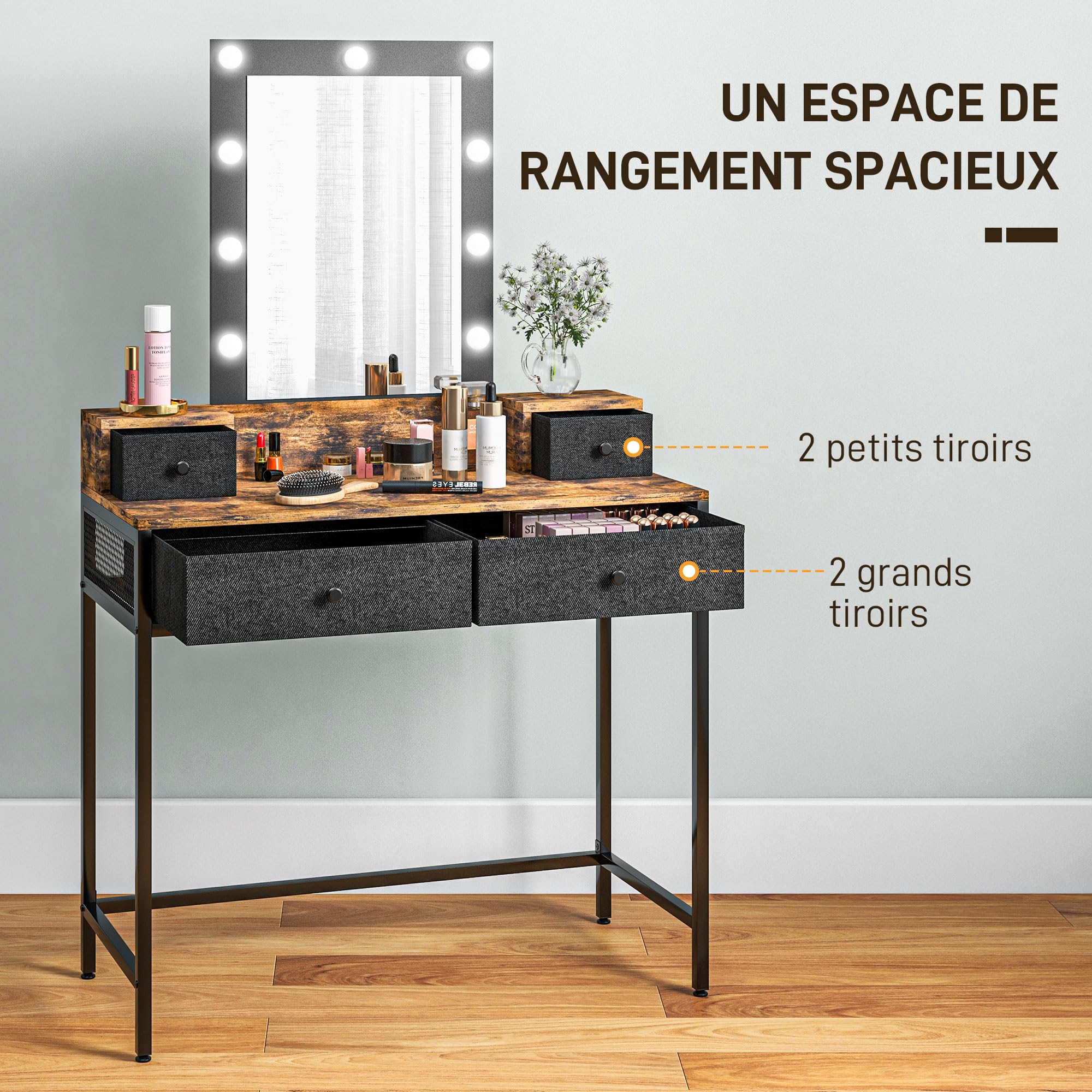 HOMCOM Coiffeuse Miroir LED Intégré 90L x 40l x 148H cm Aspect Bois Foncé