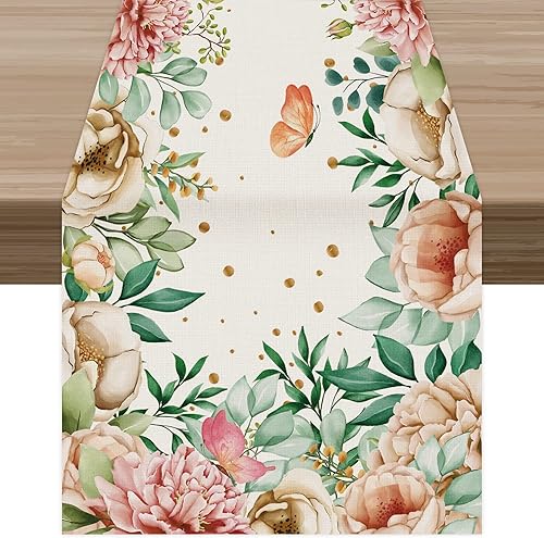 Celepaty Camino de mesa floral de mariposa de peonía rosa, primavera, Pascua, boda, aniversario, vacaciones, cocina, decoración de mesa de comedor