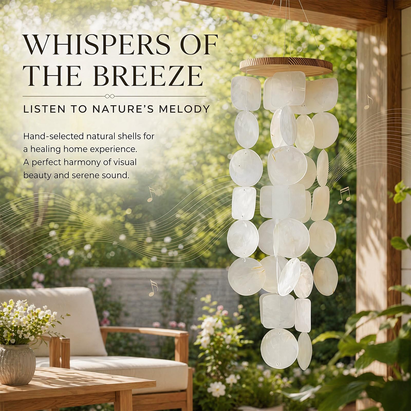 Muschel Windspiel aus echten Capiz Muscheln 45cm, Boho Hängedeko mit Holz, Entspannender Klang, Sommer Strand Deko für Balkon Garten Terrasse, Weiß