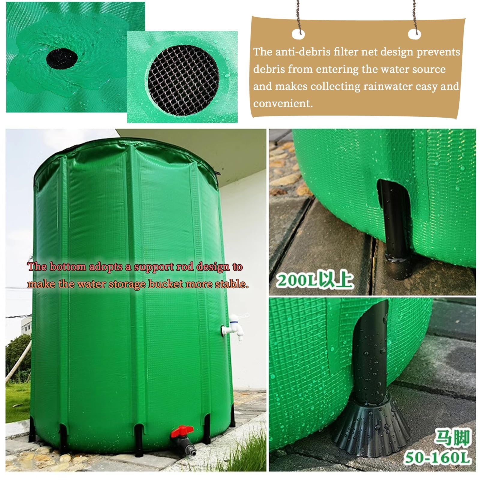 Colector de agua de lluvia portátil con grifo y soporte, diseño plegable para un fácil almacenamiento, ideal para ahorrar agua en el jardín al aire libre