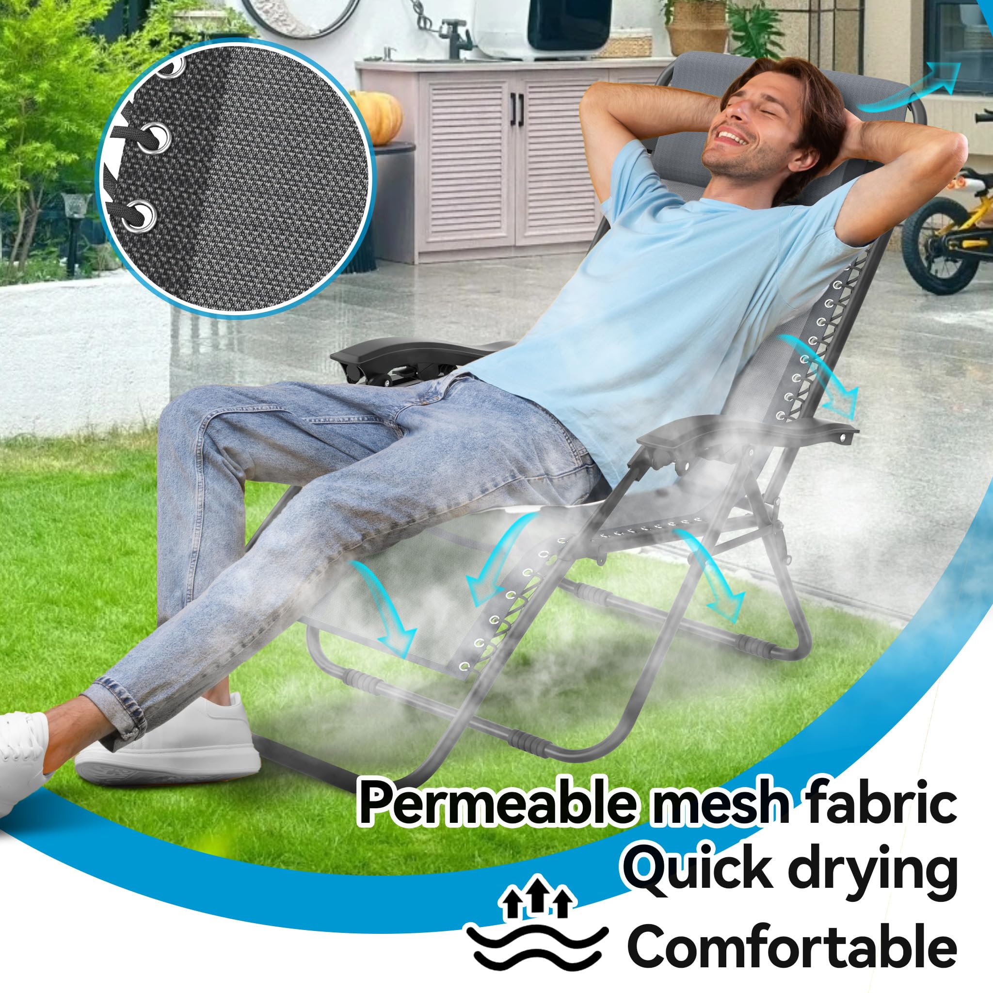 UISEBRT Sedia a sdraio pieghevole con cuscino e portabevande da giardino, extra larga, 64 cm, con schienale regolabile, per esterni, giardino, terrazza, grigio, set da 2 pezzi
