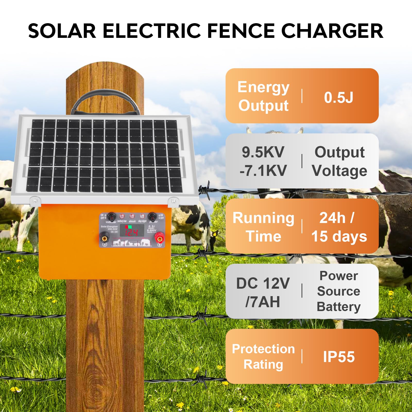 32KM cloture elettriche solari cloture elettriche, 9,5 kV pastore elettrico Controller per cavalli, recinzione elettrica 0,5 J per allevamento di animali da pastore, per fattoria, pascolo, giardino