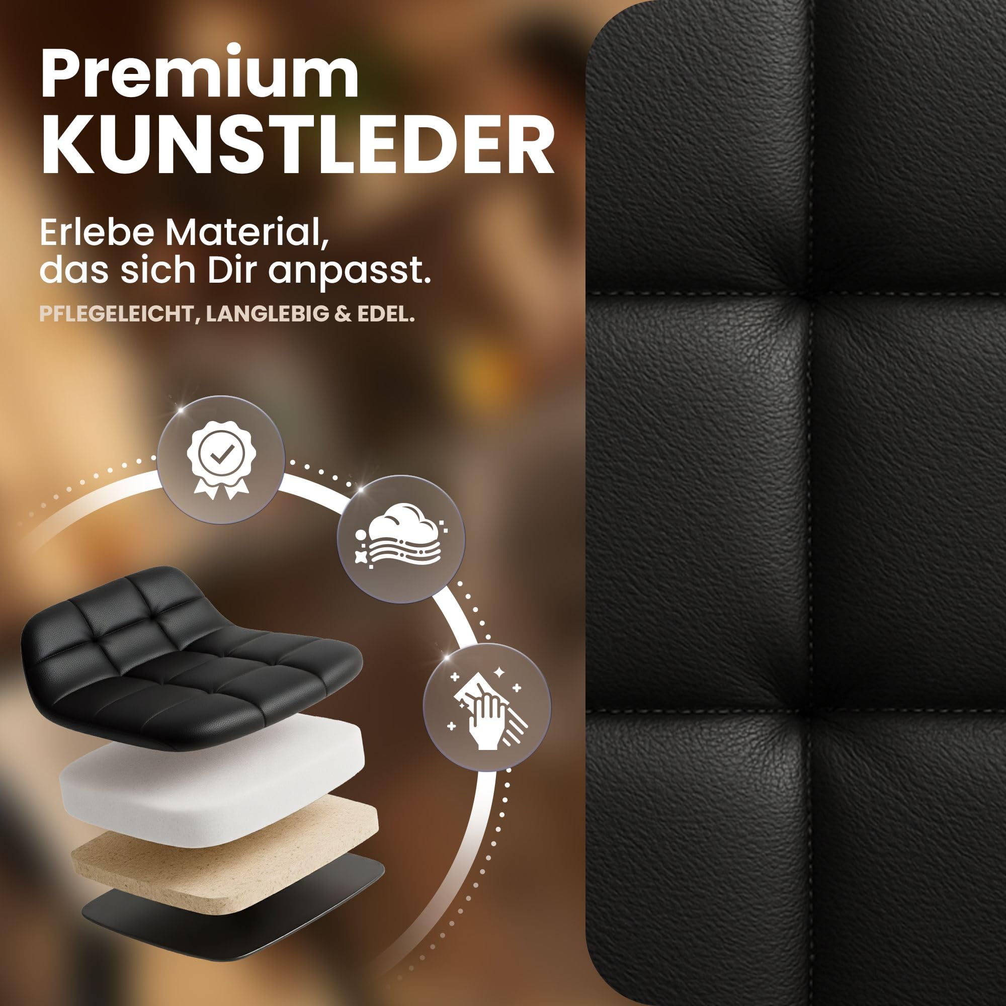 CLP Barhocker höhenverstellbar Mapun, Barstuhl 360° drehbar, gepolstert mit Metallgestell für Küche, Theke, Bar und Lounge, Farbe:schwarz, Material:Kunstleder