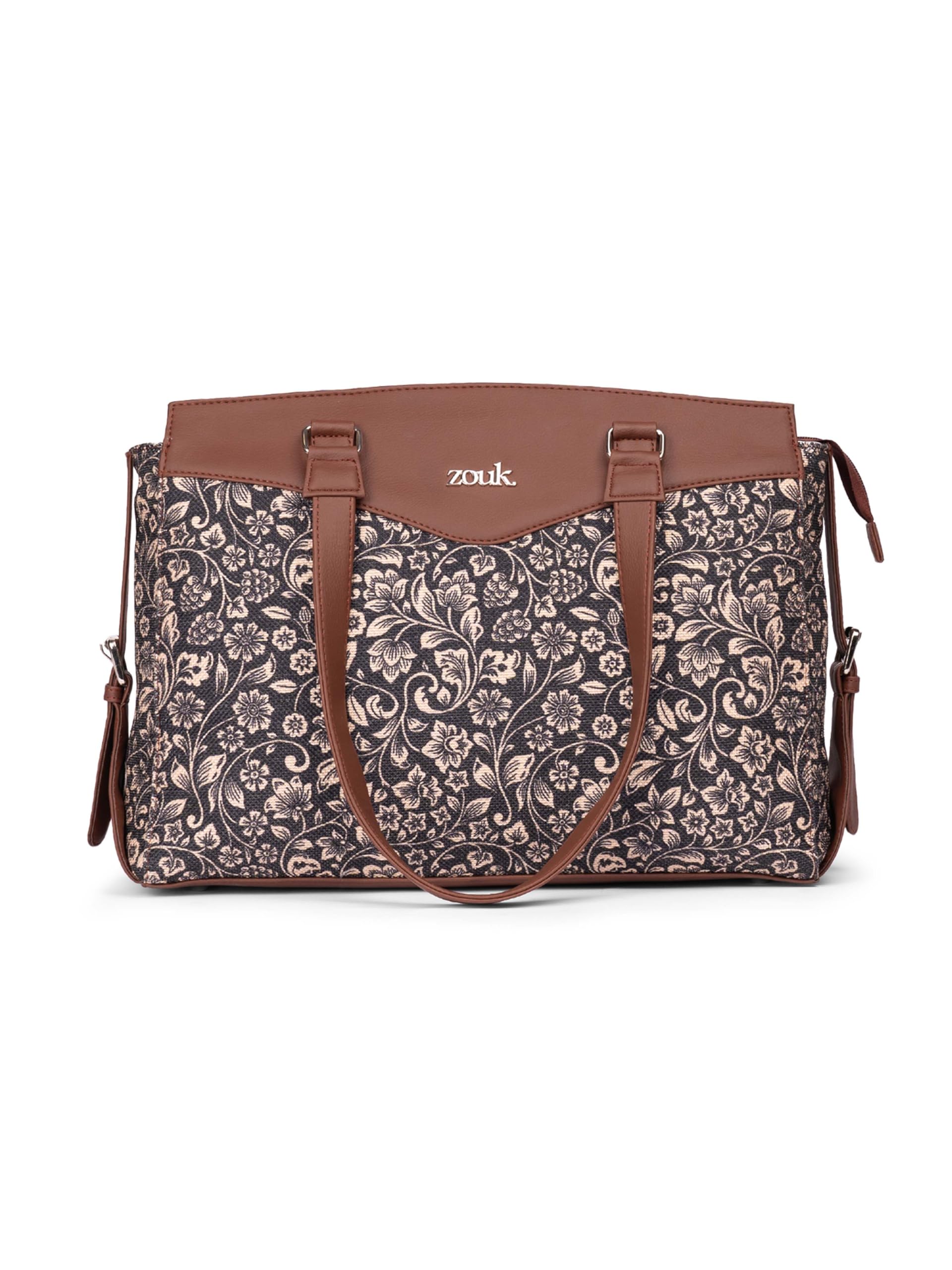 Printed Vegan Leather Women's Office Work Bag Brown With Double Handles Strap-image-37