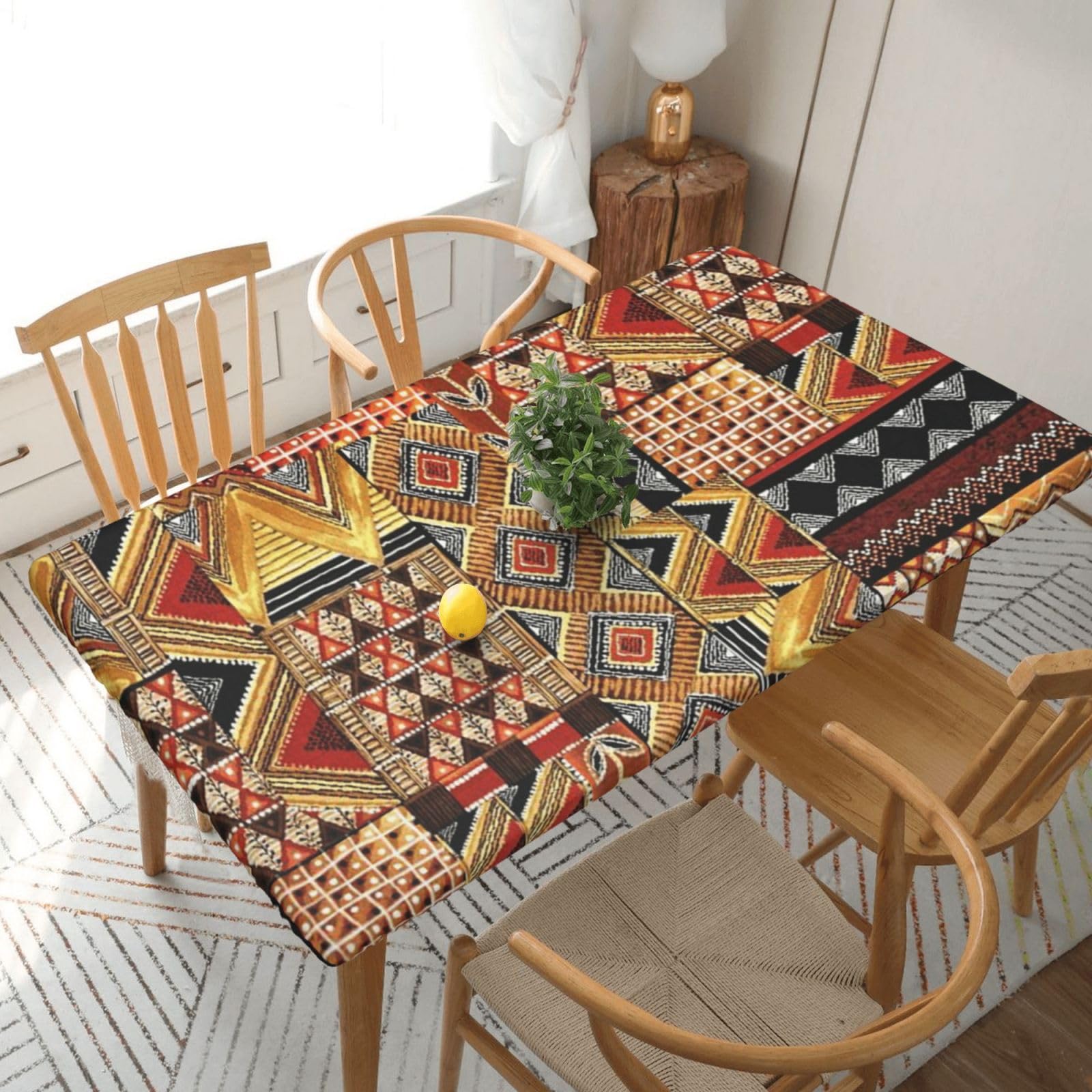 DCEHGEW Elastic Fitted Rectangle Tablecloth for 5ft Tables, African Textile Patchwork Printed Oilproof & Washable Fabric Picnic Table Cloth Table Covers