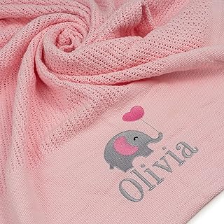 Lobeko Personalised Baby Cellular Blanket 100% Cotton Breathable Summer Swaddle Blanket for Newborn Custom with Name or Name & Elephant 70x105cm Pink, Blue, Grey (Pink)