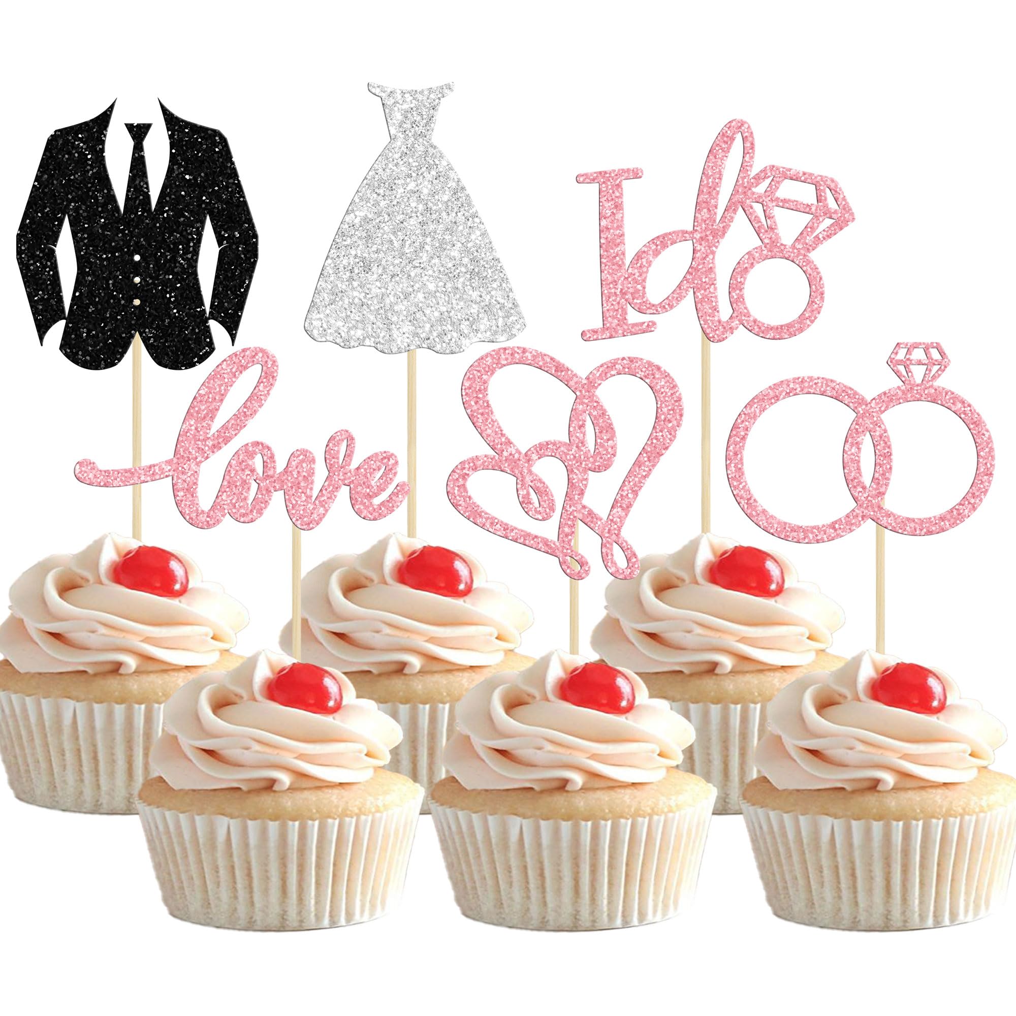 Gyufise 24Pcs Wedding Cupcake Toppers Glitter Groom and Bride Cupcake Picks Love I Do Ring Heart Cake Decorations for Bridal Shower Wedding Engagement