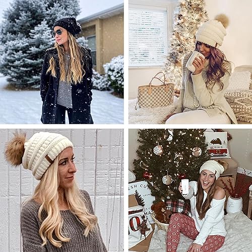 Miniatura 7 de FURTALK Gorro de invierno para mujer, con forro polar, gorro de punto con pompón de invierno con doble forro