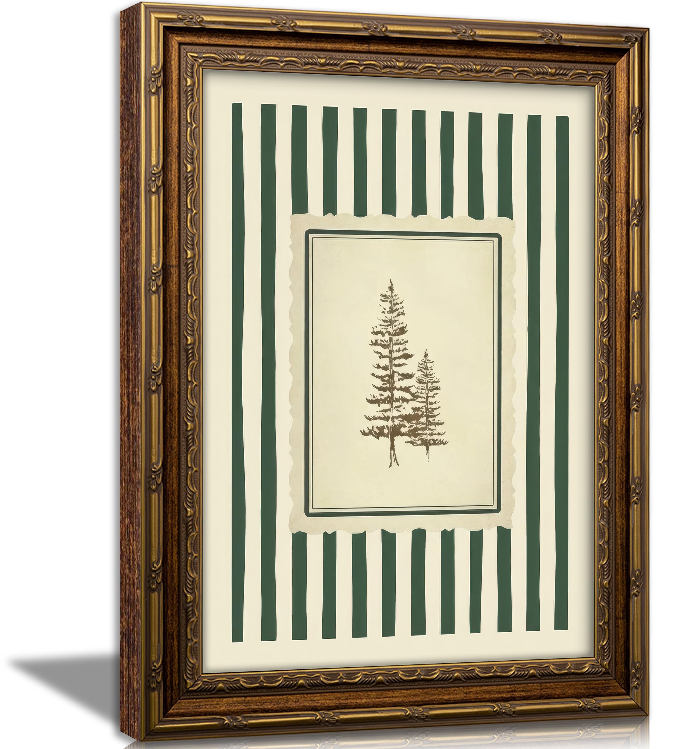 Vintage Gold Framed Pine Tree Wall Art, Green Striped Botanical Tree Canvas Prints, Hand Drawn Forest Landscape Quiet Wall Decor, Rustic Farmhouse Woodland Poster Artwork for Bedroom Living Room Office Decor, 12x16in